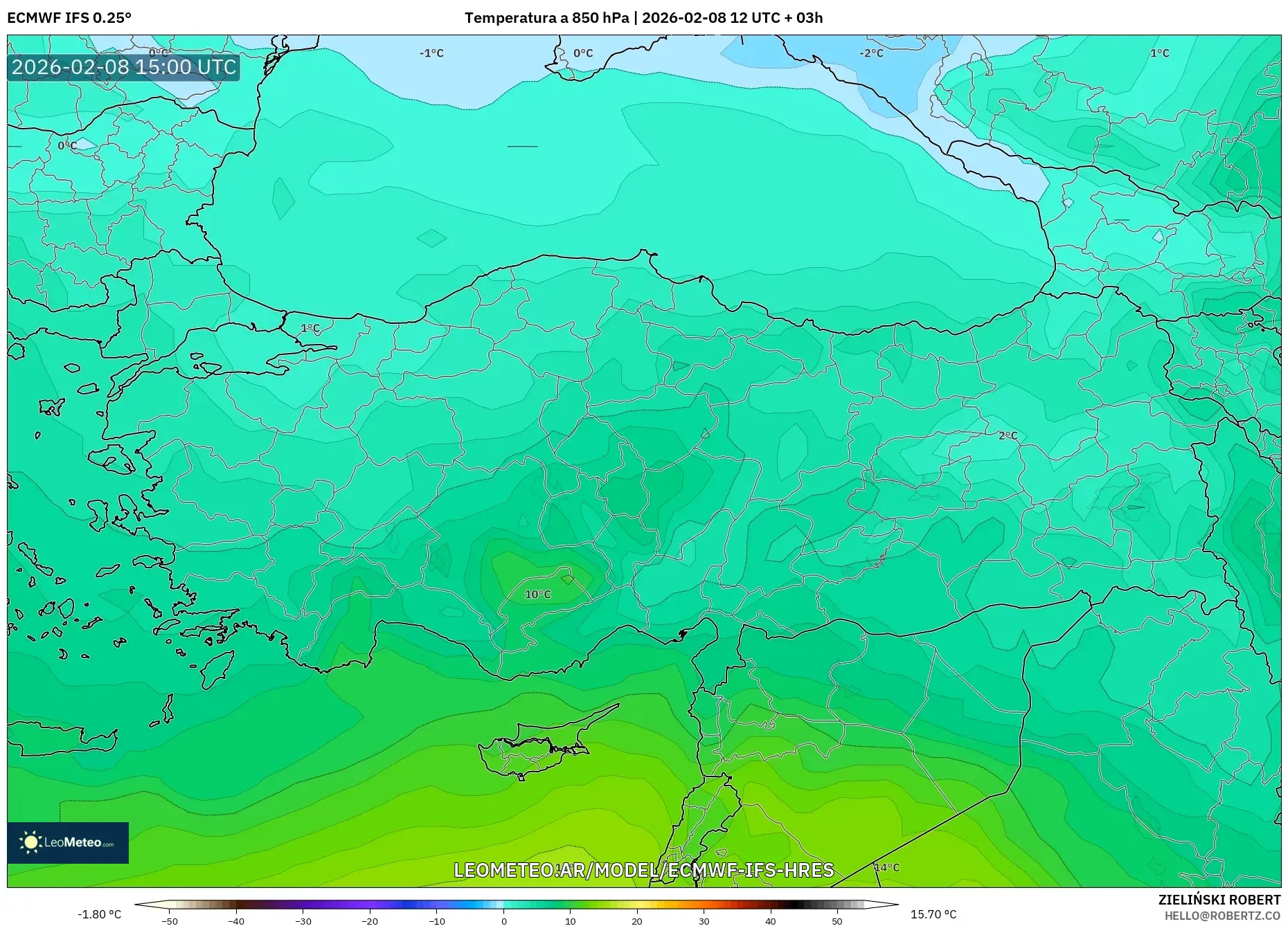 ECMWF IFS 0.25° model - Turquía, Temperatura a 850 hPa