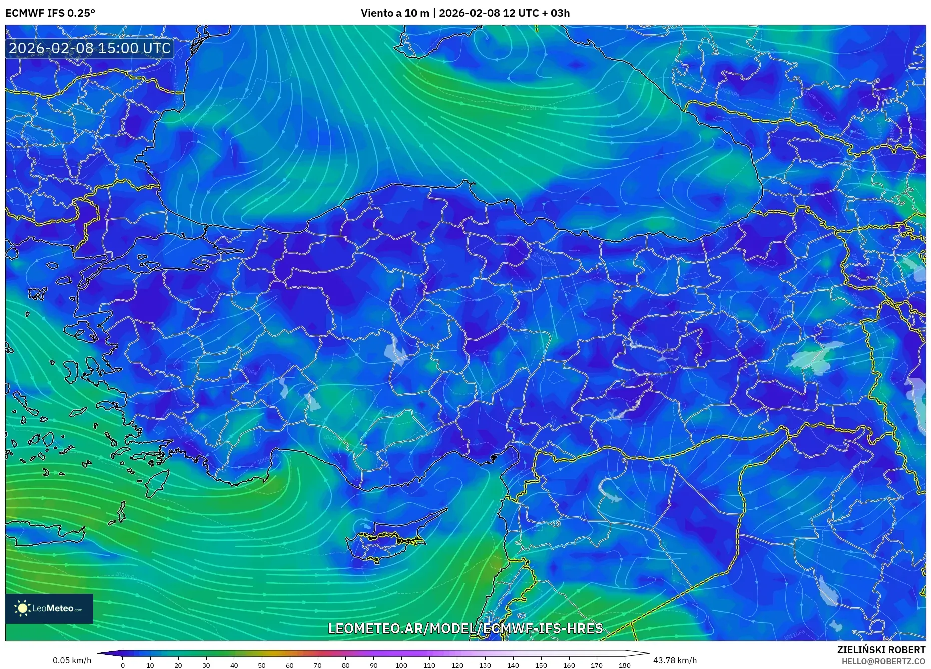 ECMWF IFS 0.25° model - Turquía, Viento a 10 m