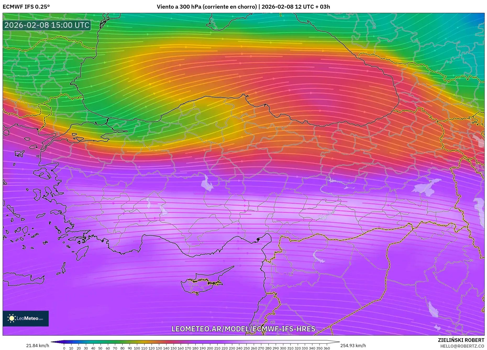ECMWF IFS 0.25° model - Turquía, Viento a 300 hPa (corriente en chorro)