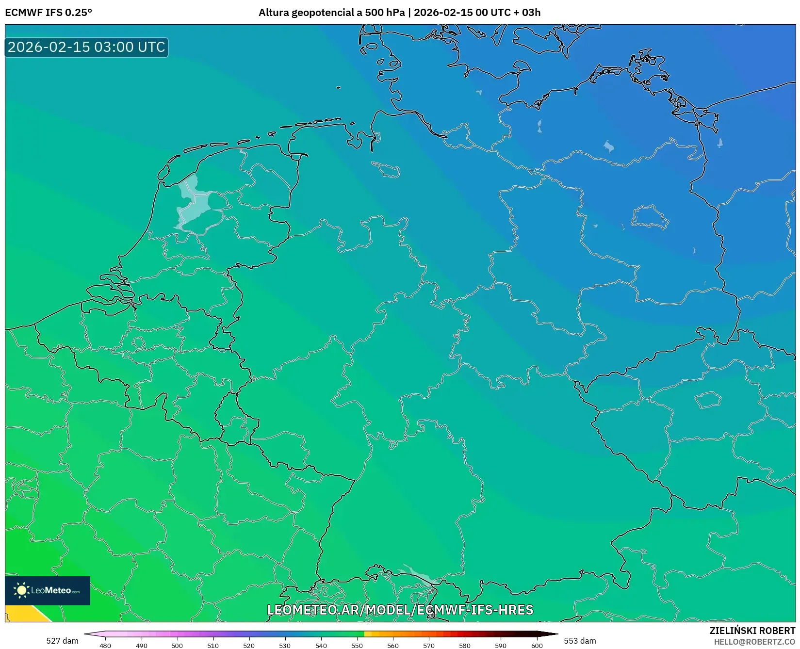 ECMWF IFS 0.25° model - Alemania, Altura geopotencial a 500 hPa