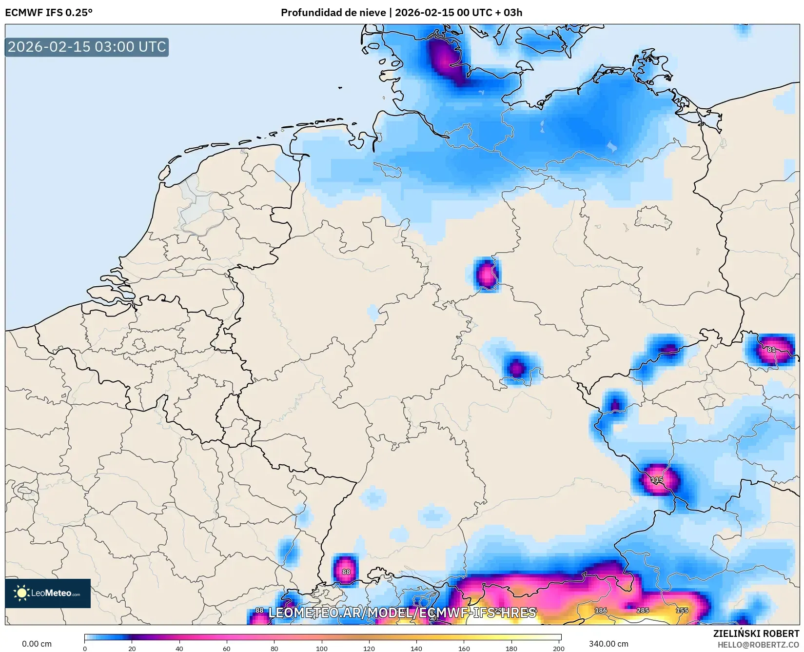 ECMWF IFS 0.25° model - Alemania, Profundidad de nieve