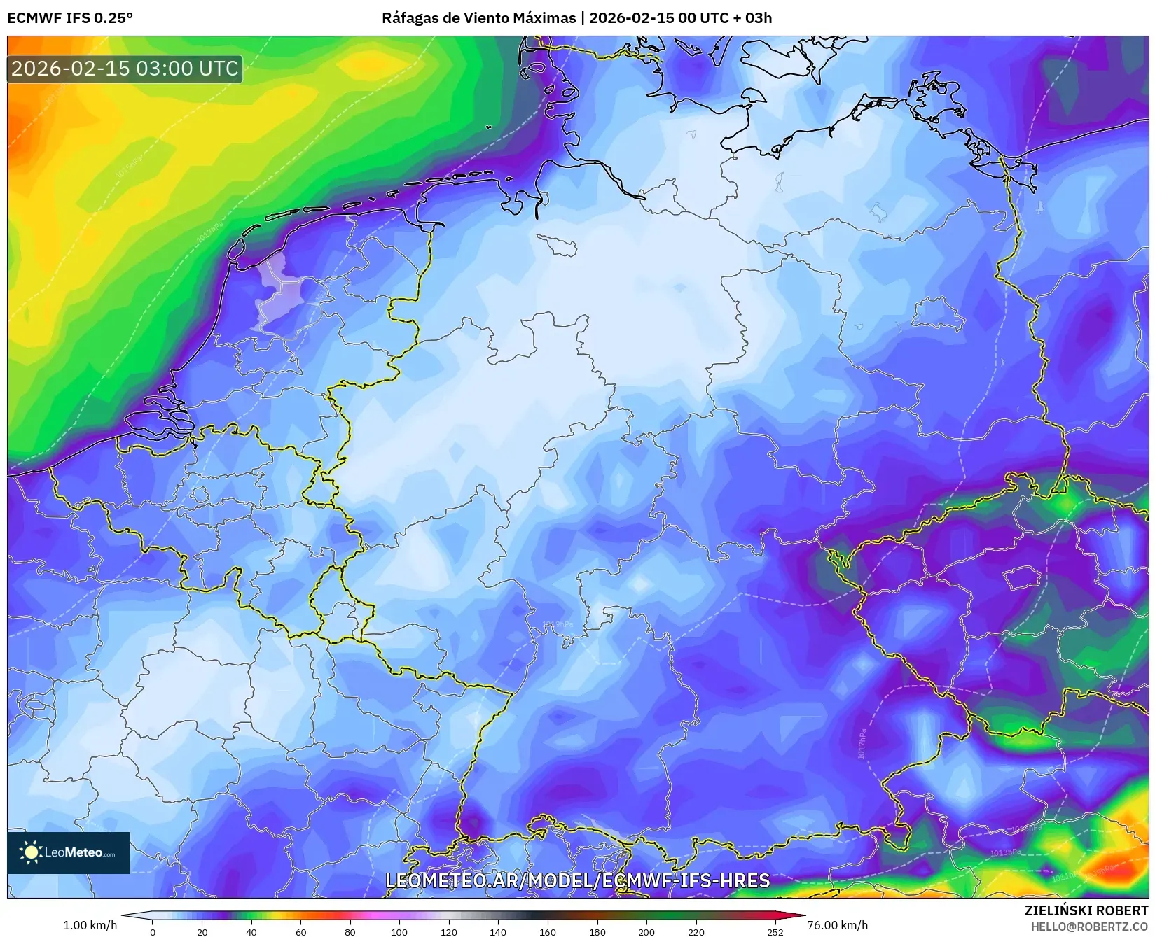 ECMWF IFS 0.25° model - Alemania, Ráfagas de Viento Máximas