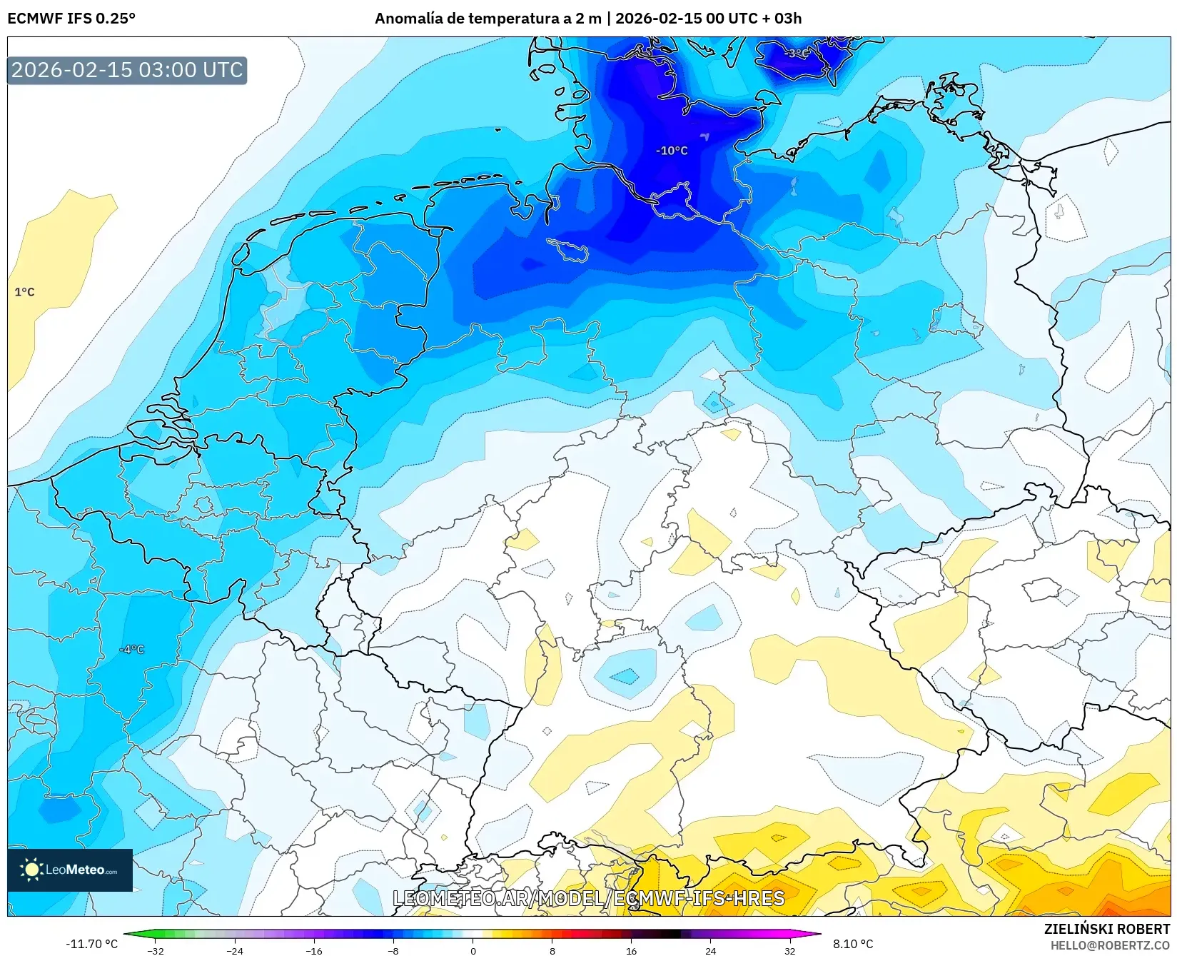 ECMWF IFS 0.25° model - Alemania, Anomalía de temperatura a 2 m
