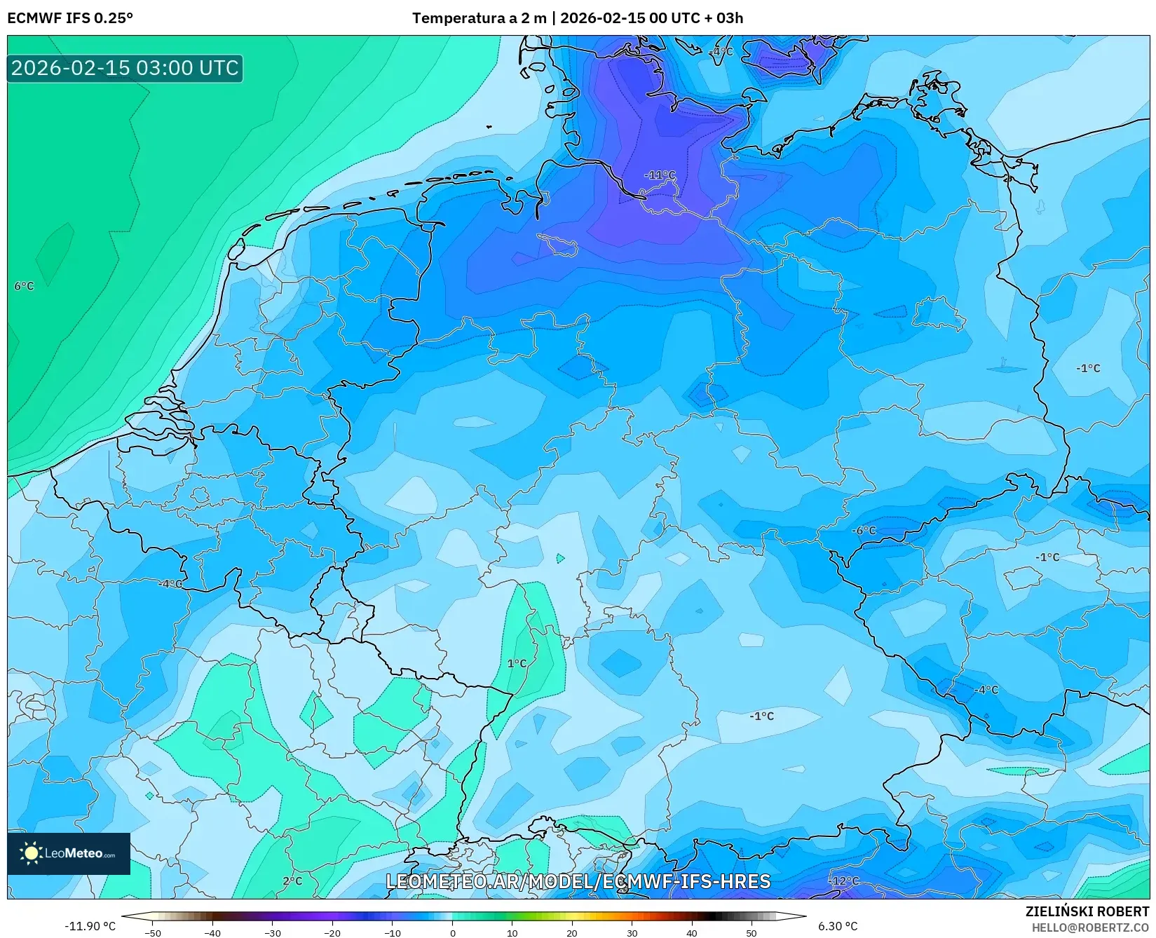 ECMWF IFS 0.25° model - Alemania, Temperatura a 2 m