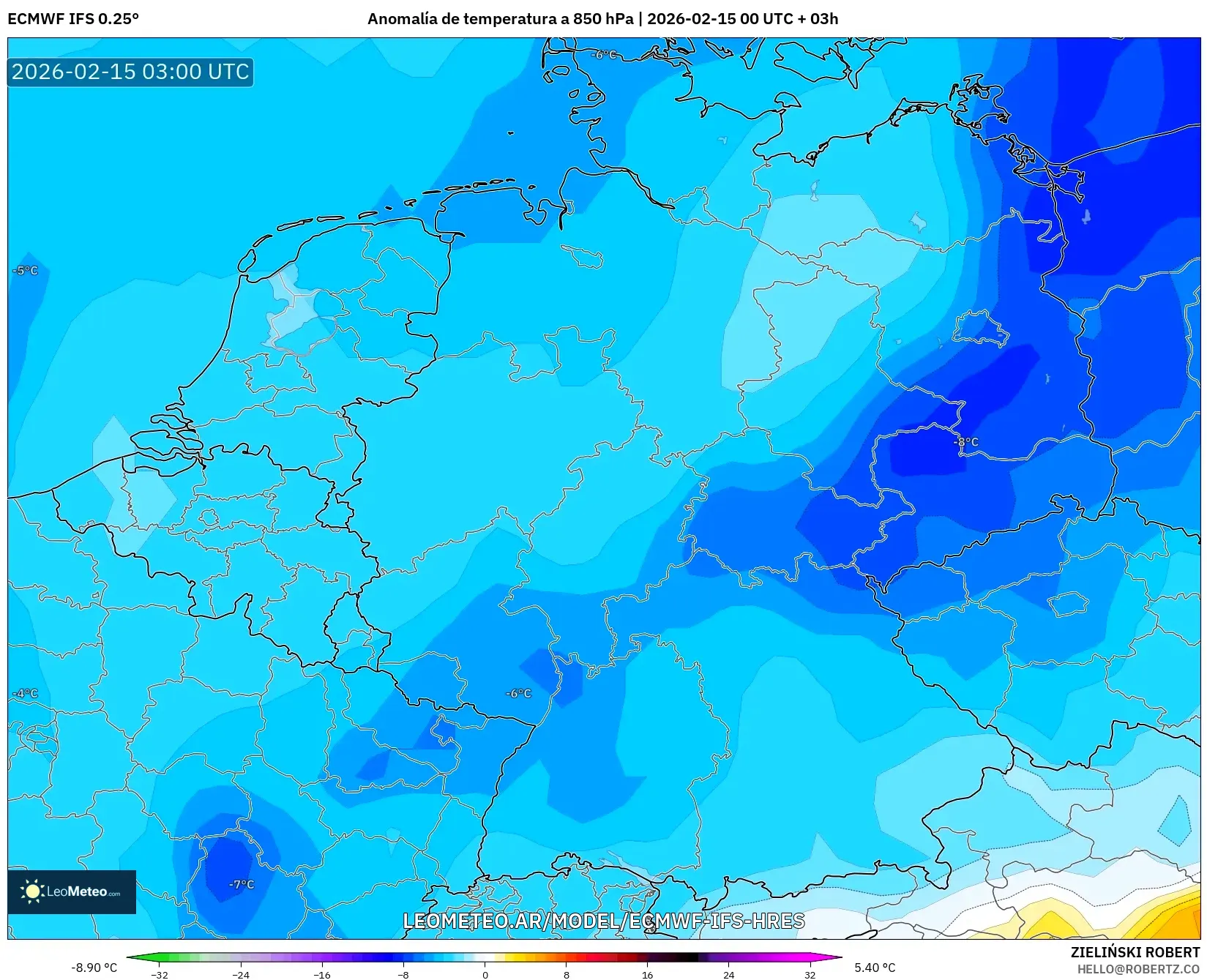 ECMWF IFS 0.25° model - Alemania, Anomalía de temperatura a 850 hPa