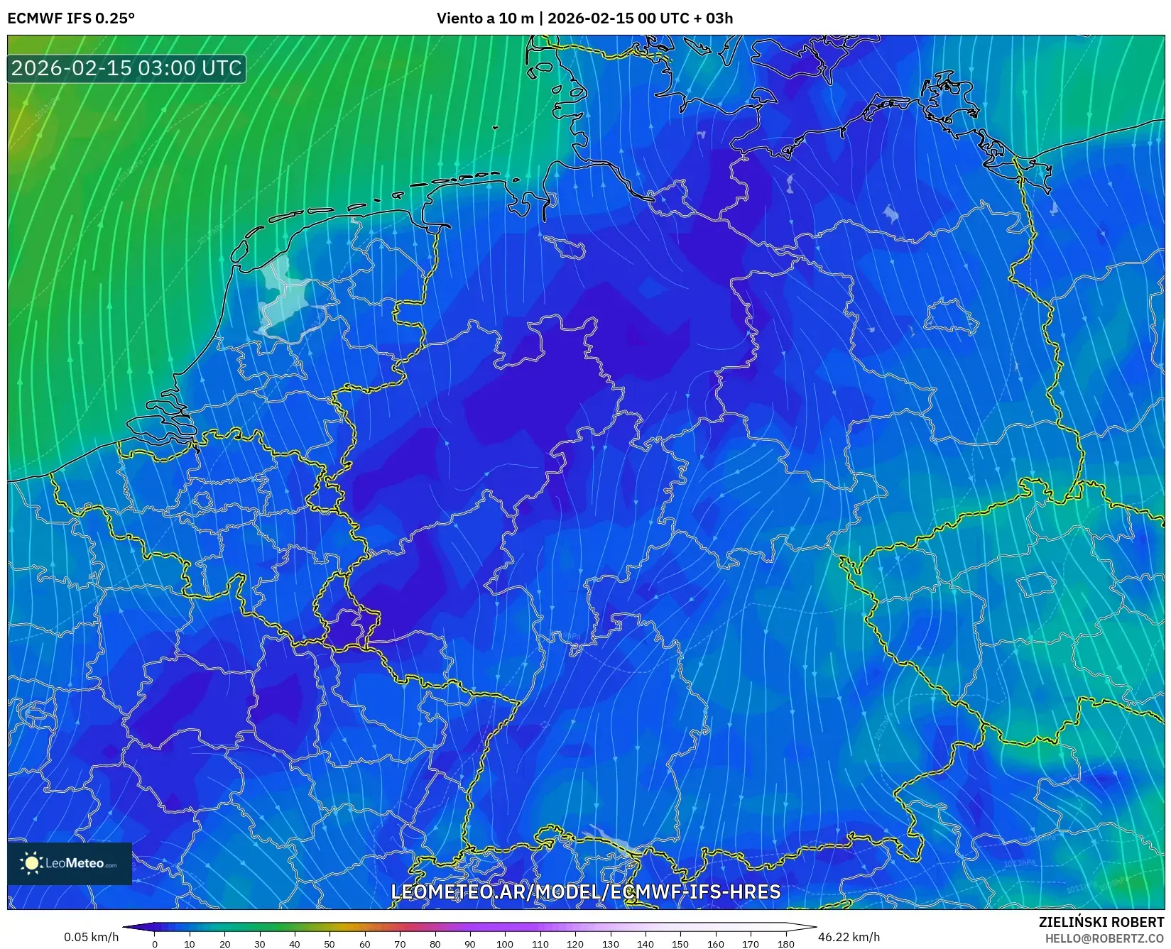 ECMWF IFS 0.25° model - Alemania, Viento a 10 m