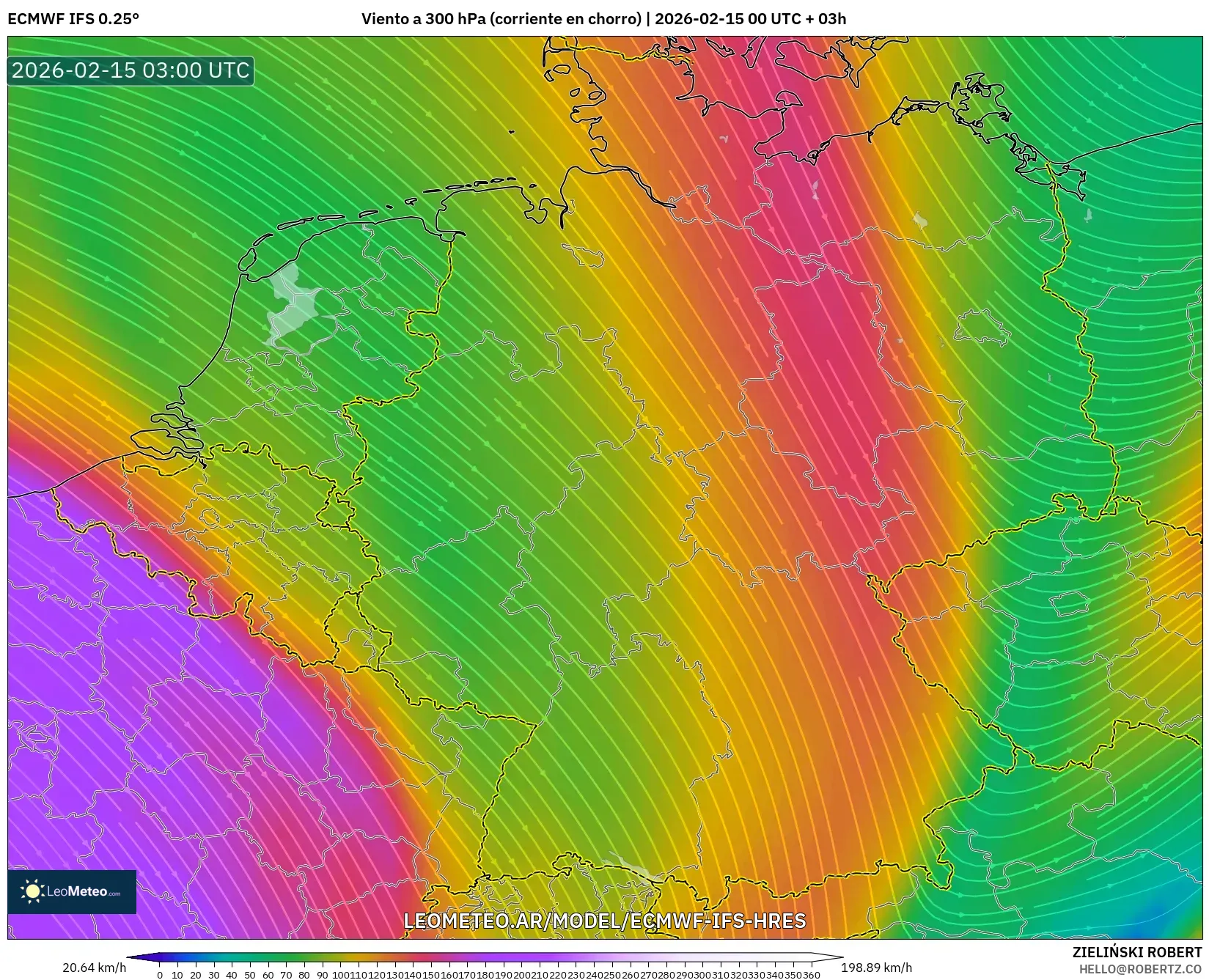 ECMWF IFS 0.25° model - Alemania, Viento a 300 hPa (corriente en chorro)
