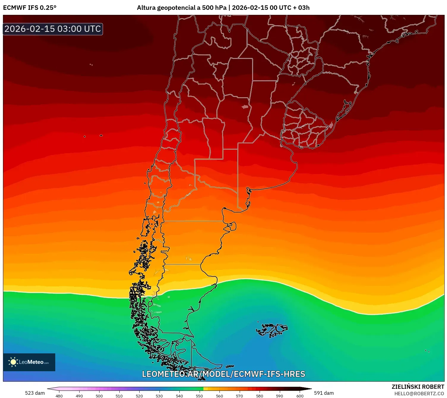 ECMWF IFS 0.25° model - Argentina, Altura geopotencial a 500 hPa
