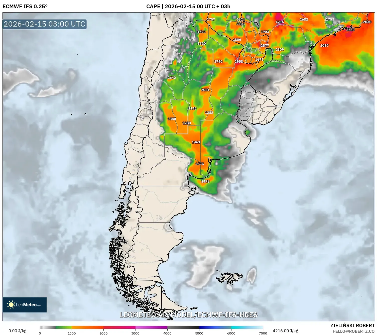 ECMWF IFS 0.25° model - Argentina, CAPE