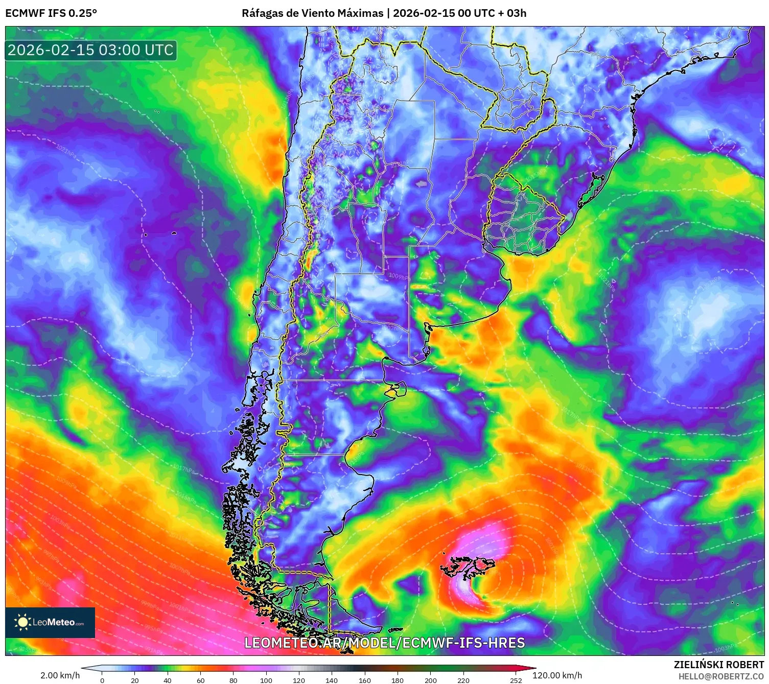 ECMWF IFS 0.25° model - Argentina, Ráfagas de Viento Máximas