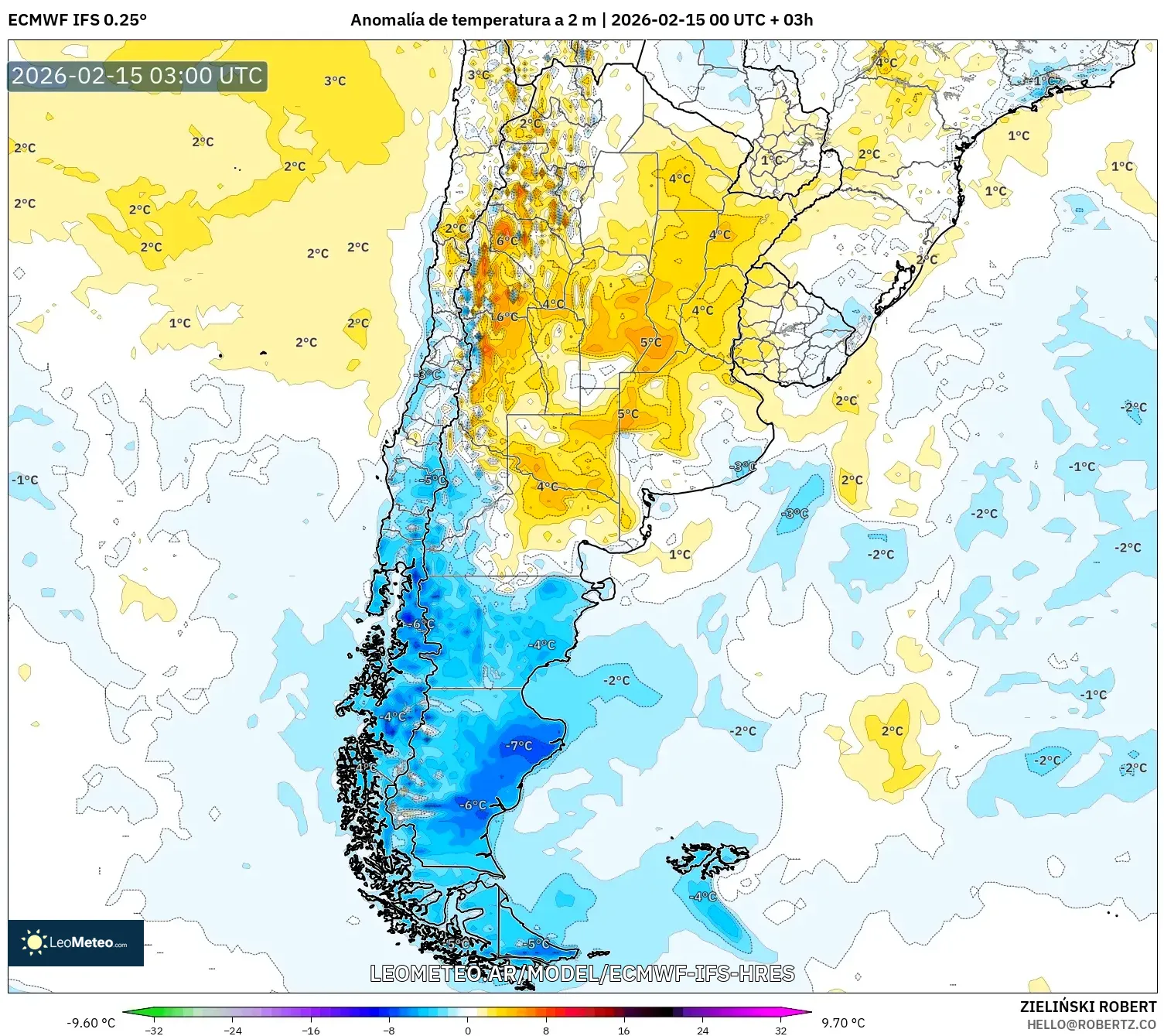 ECMWF IFS 0.25° model - Argentina, Anomalía de temperatura a 2 m
