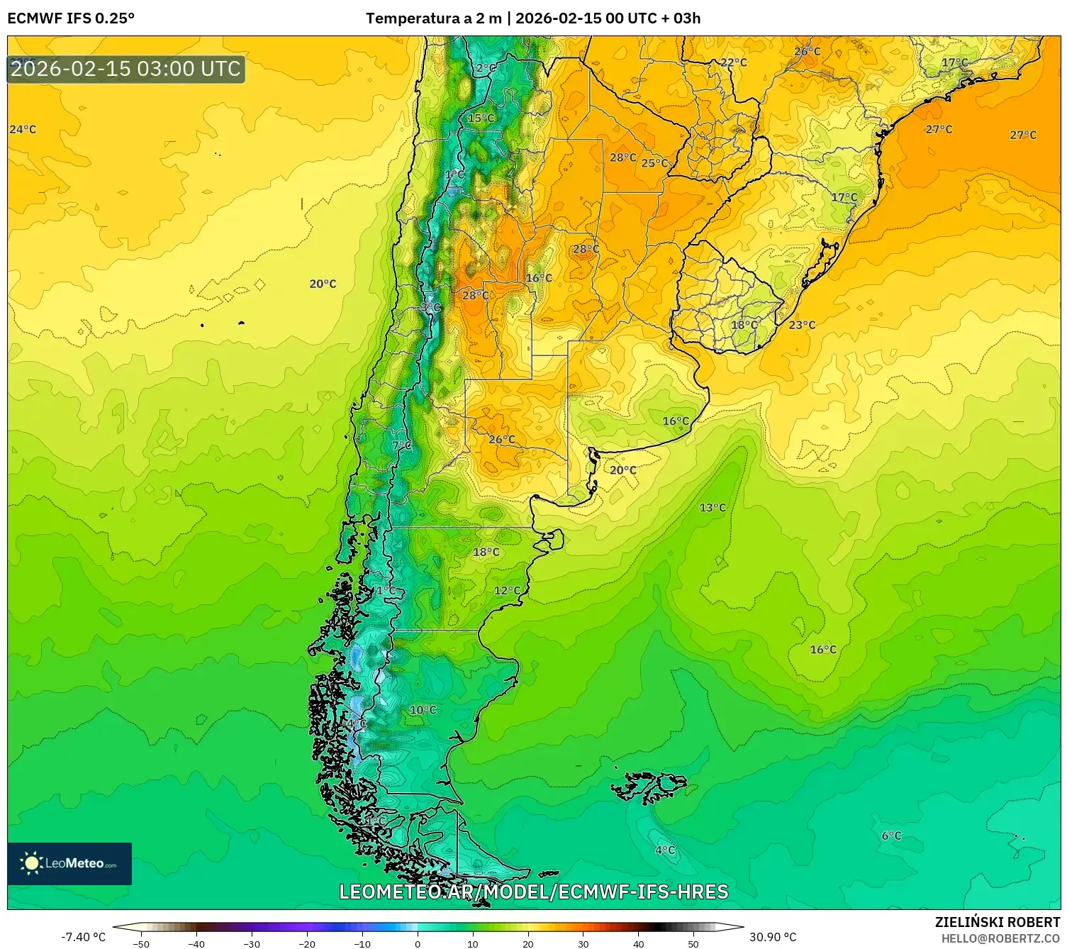 ECMWF IFS 0.25° model - Argentina, Temperatura a 2 m