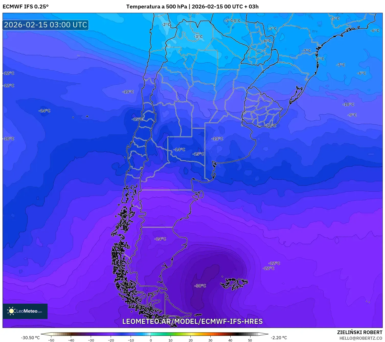 ECMWF IFS 0.25° model - Argentina, Temperatura a 500 hPa