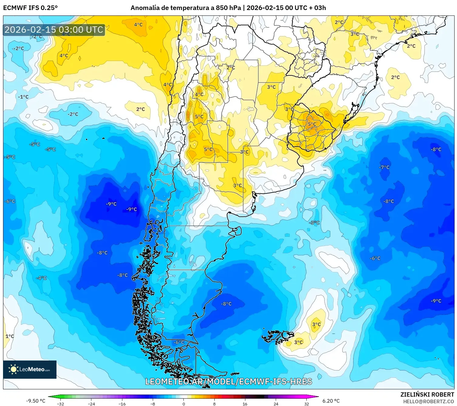 ECMWF IFS 0.25° model - Argentina, Anomalía de temperatura a 850 hPa