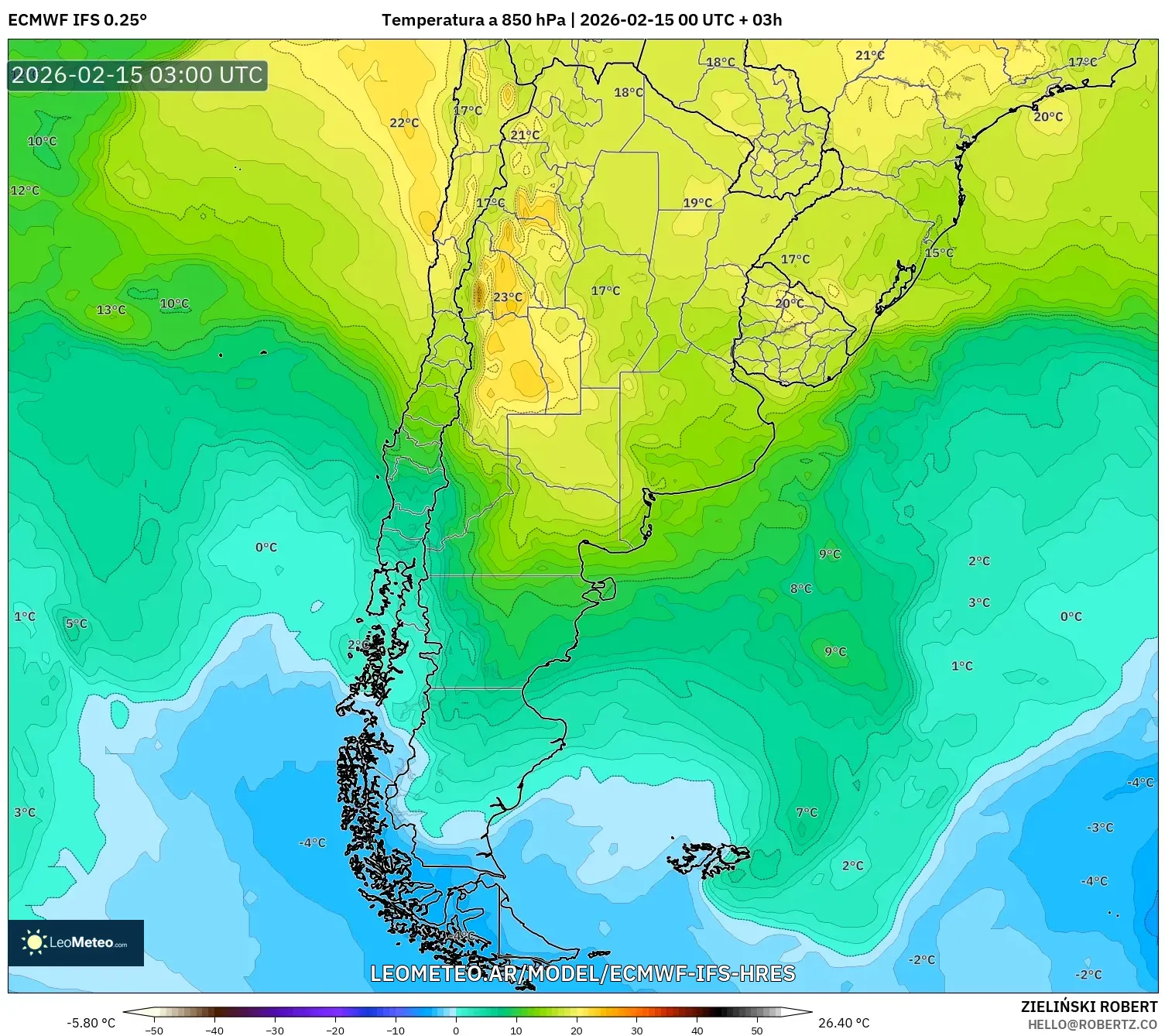 ECMWF IFS 0.25° model - Argentina, Temperatura a 850 hPa
