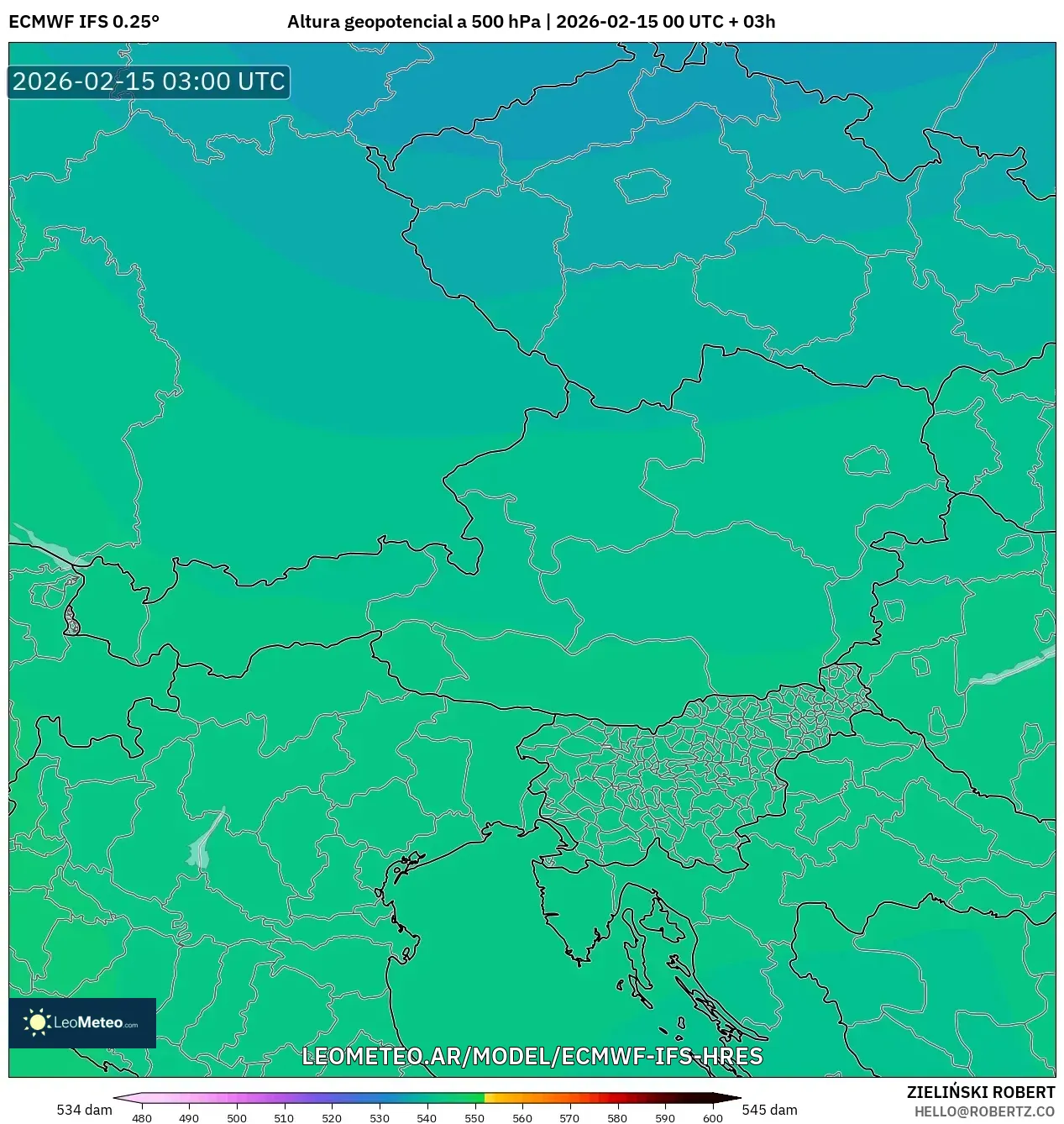 ECMWF IFS 0.25° model - Austria, Altura geopotencial a 500 hPa