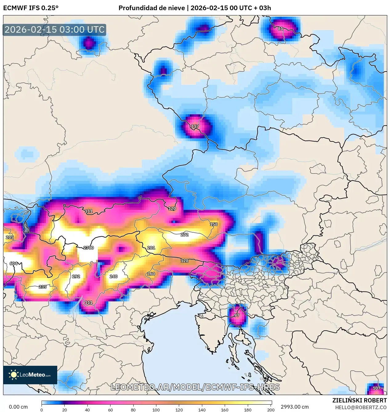 ECMWF IFS 0.25° model - Austria, Profundidad de nieve
