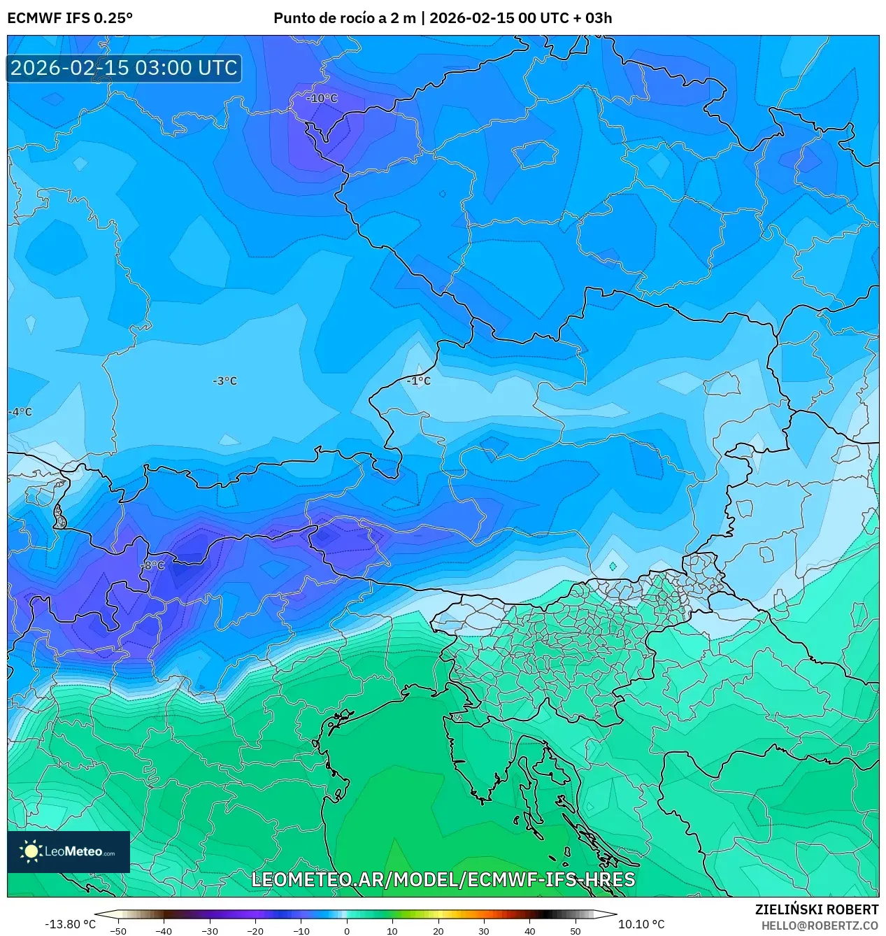 ECMWF IFS 0.25° model - Austria, Punto de rocío a 2 m