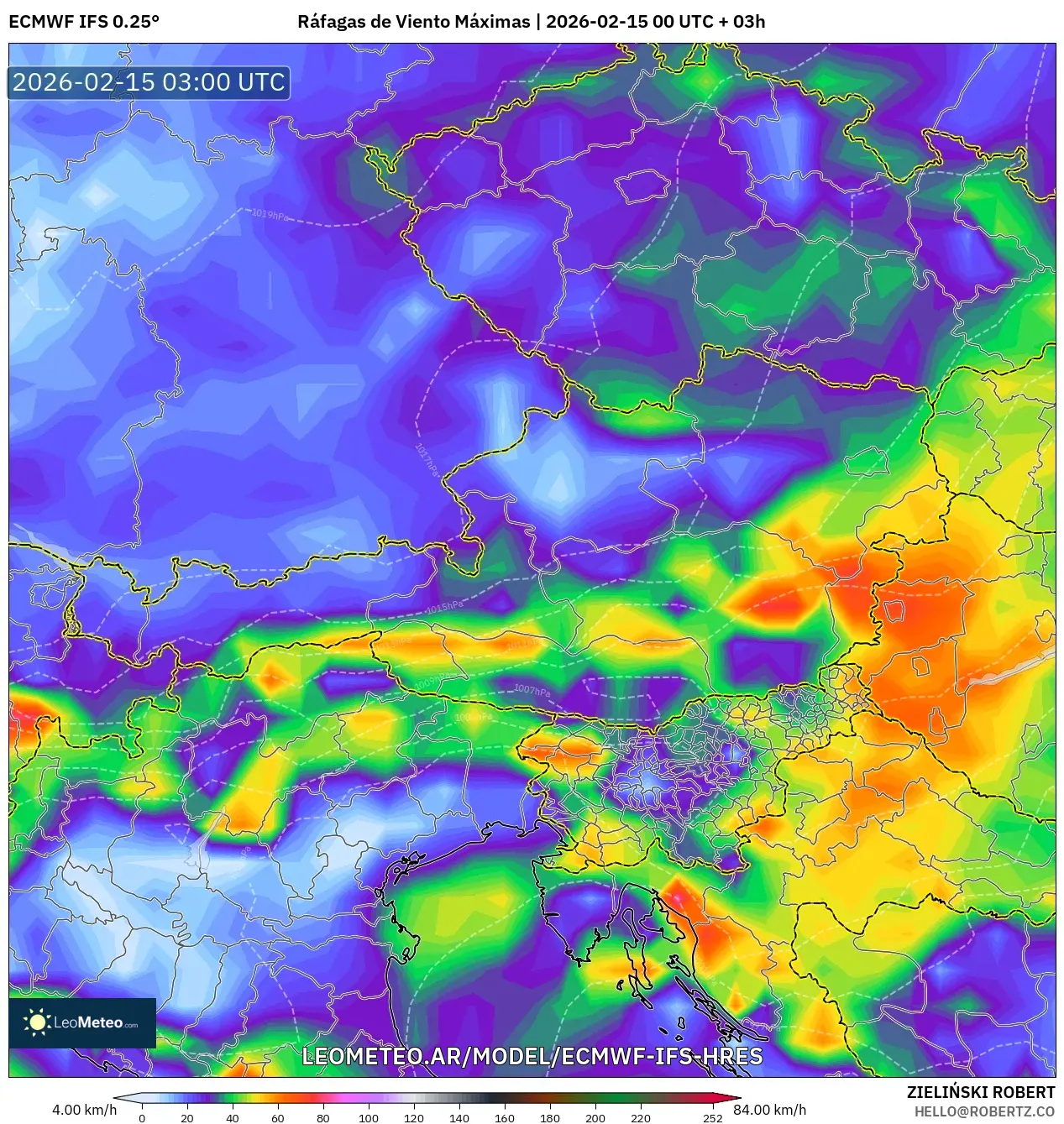 ECMWF IFS 0.25° model - Austria, Ráfagas de Viento Máximas