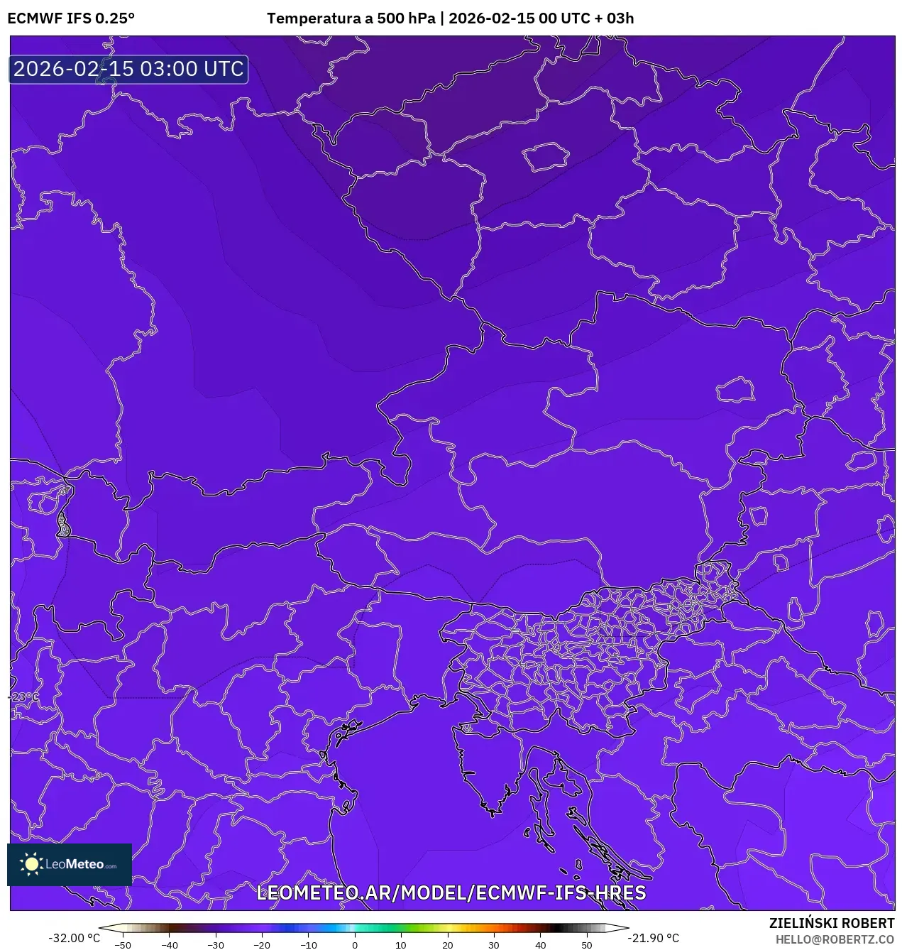 ECMWF IFS 0.25° model - Austria, Temperatura a 500 hPa