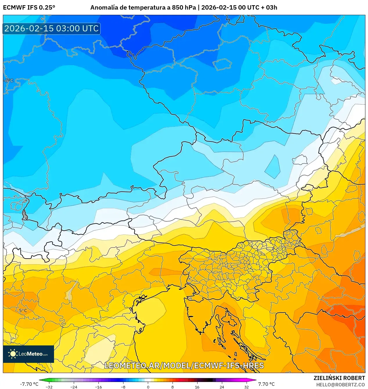 ECMWF IFS 0.25° model - Austria, Anomalía de temperatura a 850 hPa