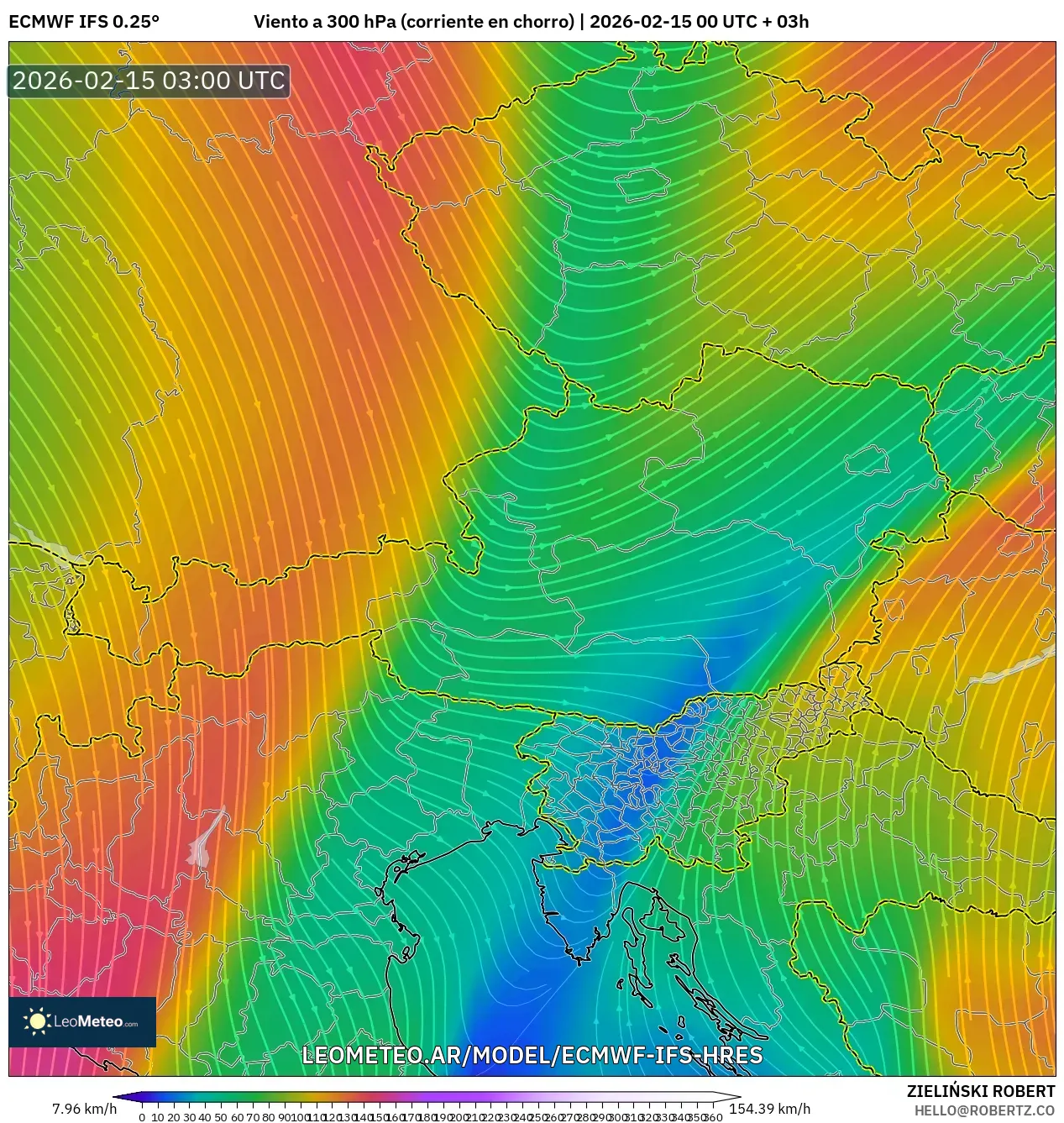 ECMWF IFS 0.25° model - Austria, Viento a 300 hPa (corriente en chorro)