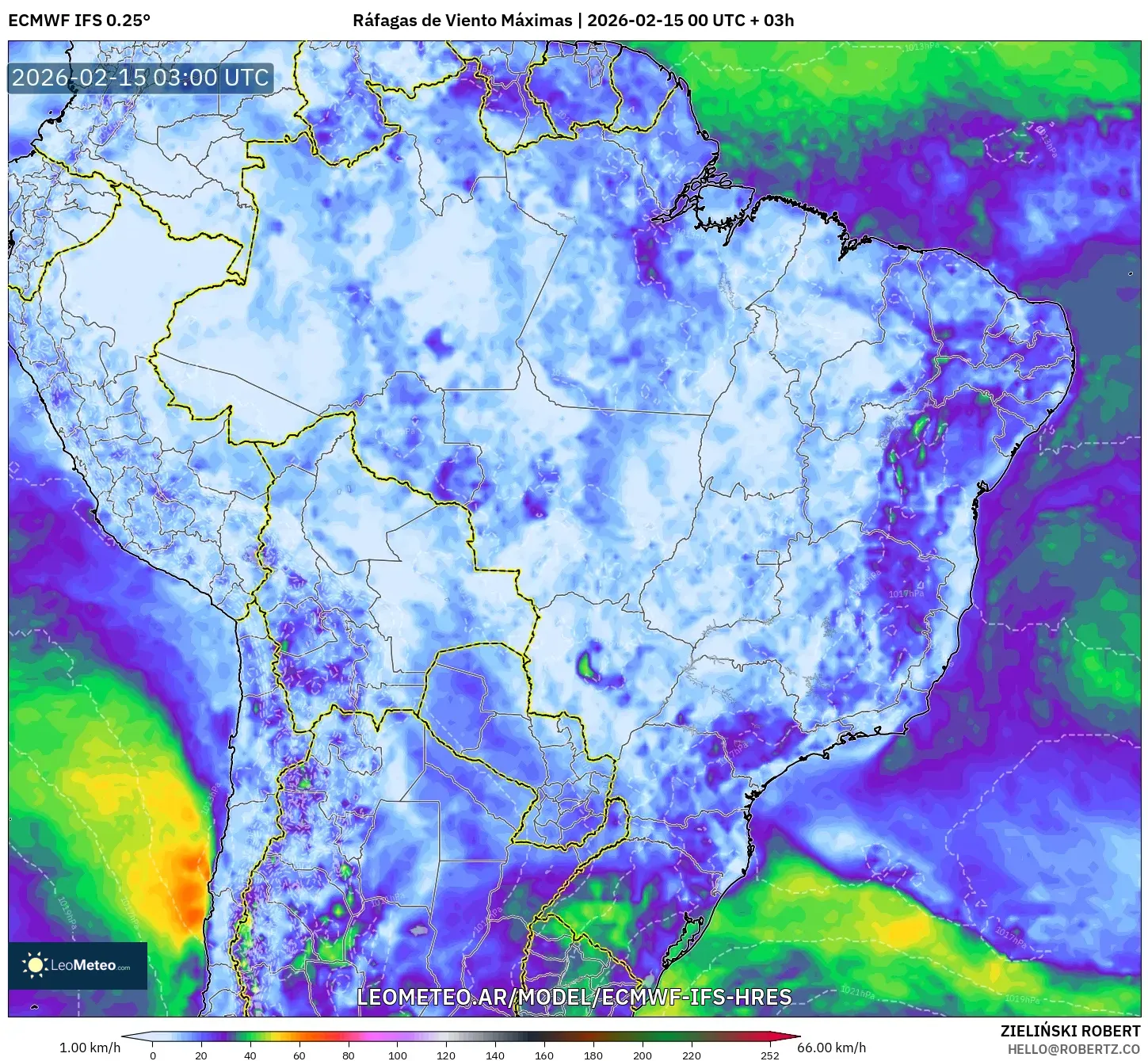 ECMWF IFS 0.25° model - Brasil, Ráfagas de Viento Máximas