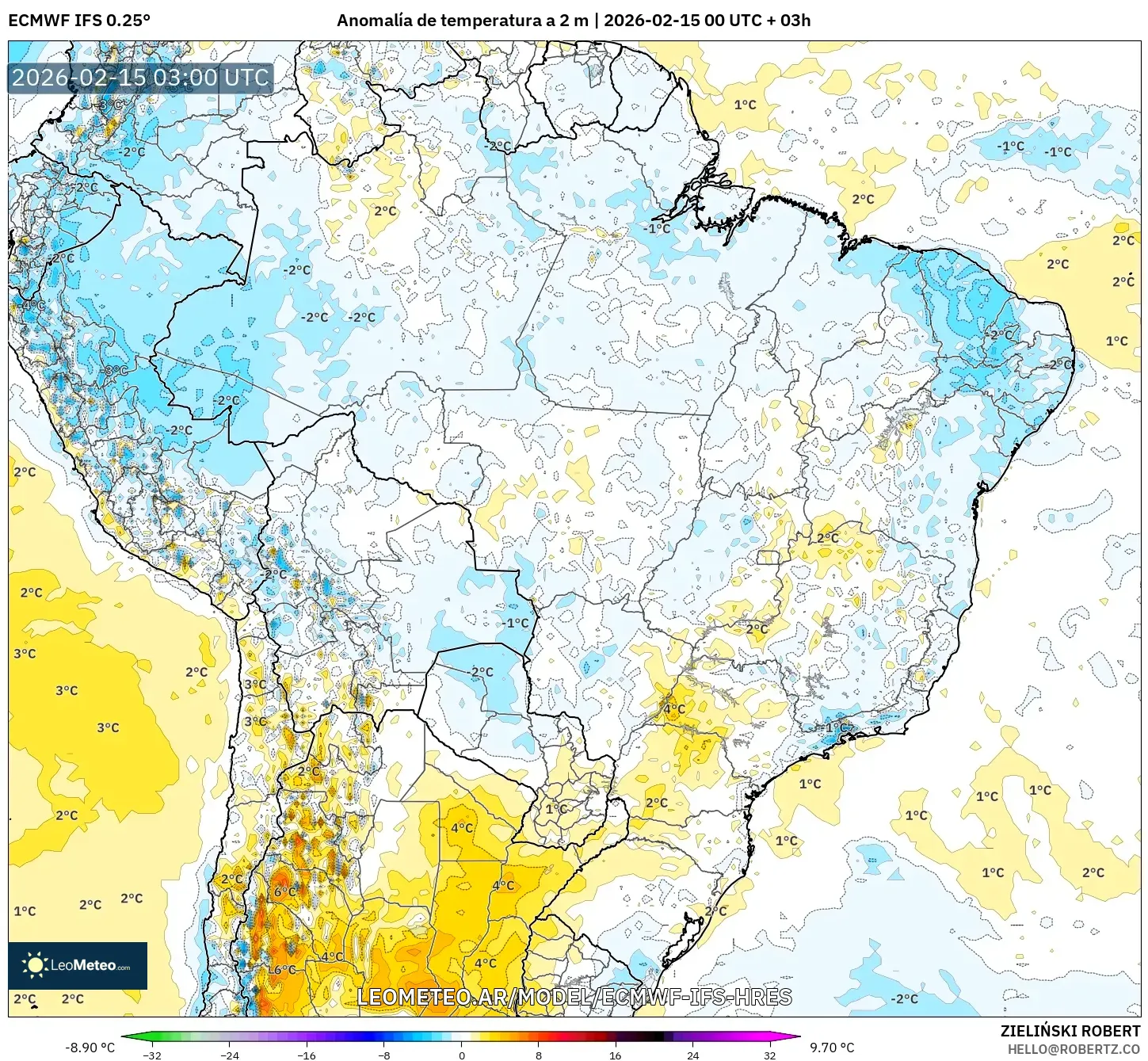 ECMWF IFS 0.25° model - Brasil, Anomalía de temperatura a 2 m