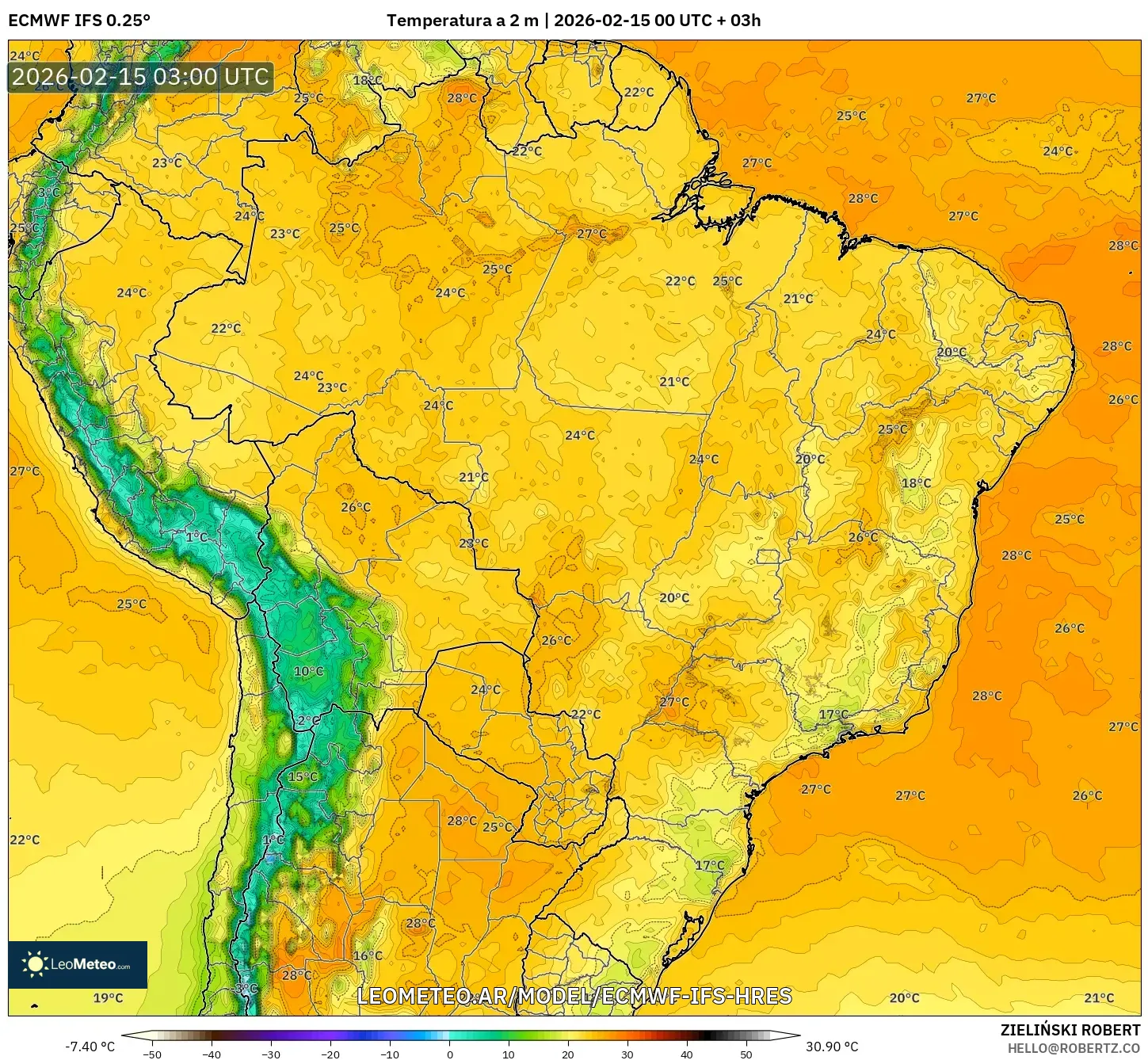 ECMWF IFS 0.25° model - Brasil, Temperatura a 2 m