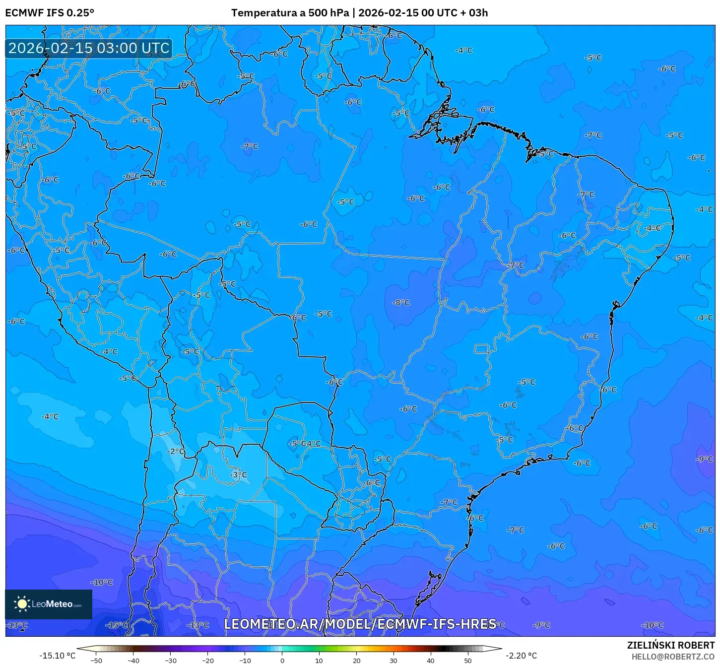 ECMWF IFS 0.25° model - Brasil, Temperatura a 500 hPa