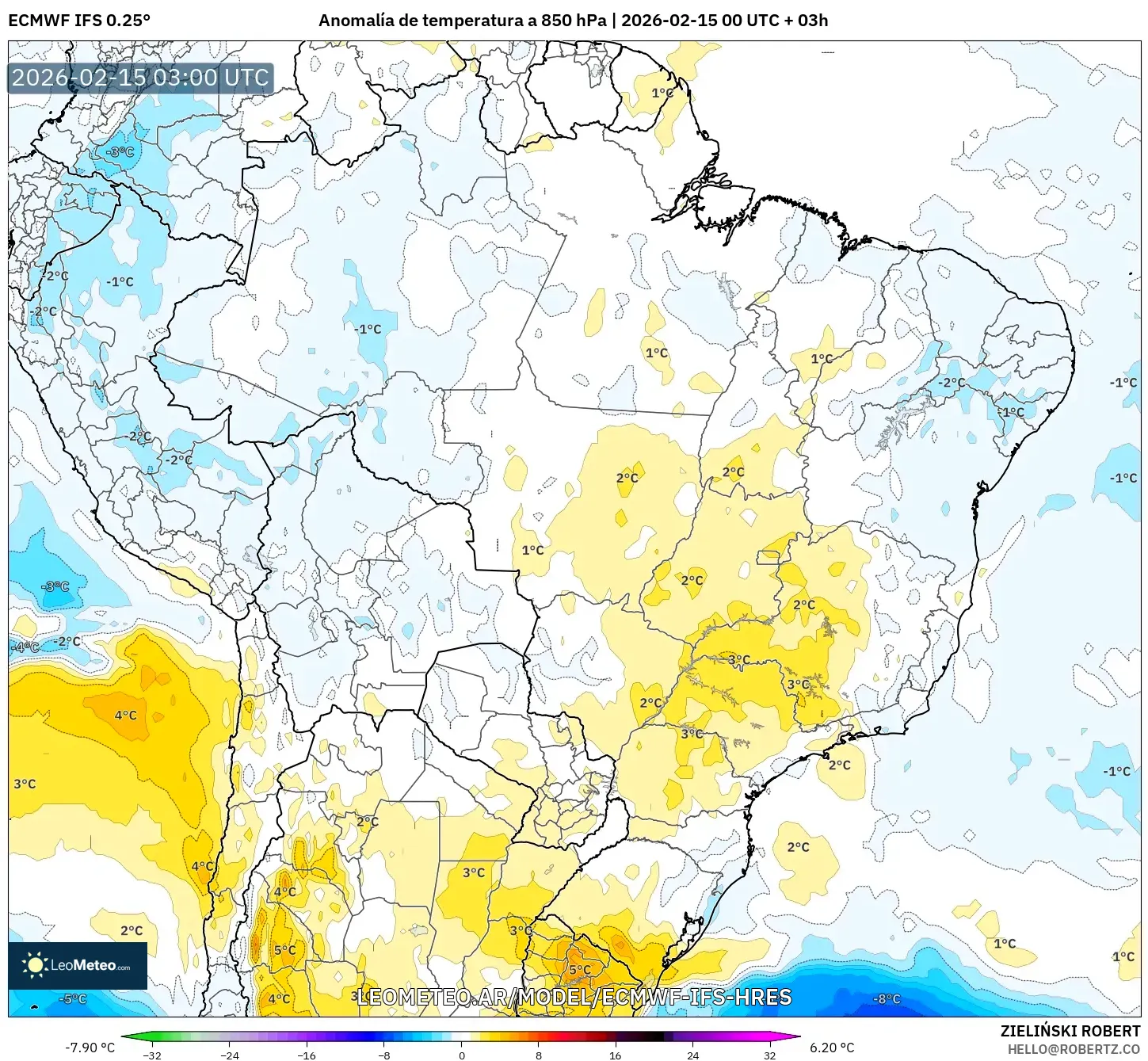 ECMWF IFS 0.25° model - Brasil, Anomalía de temperatura a 850 hPa