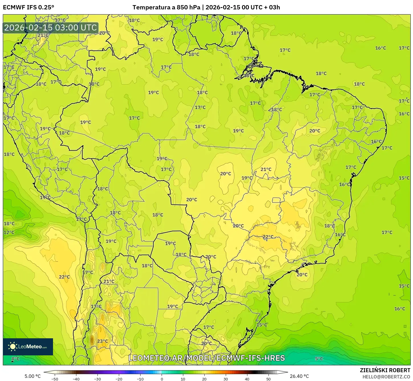 ECMWF IFS 0.25° model - Brasil, Temperatura a 850 hPa