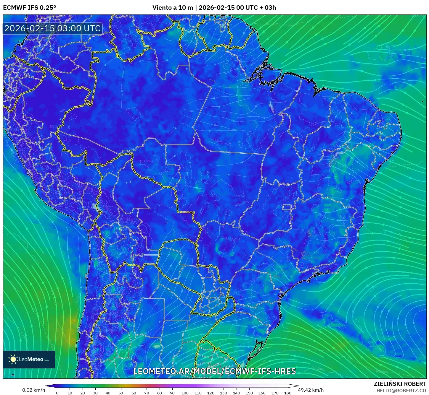 ECMWF IFS 0.25° model - Brasil, Viento a 10 m