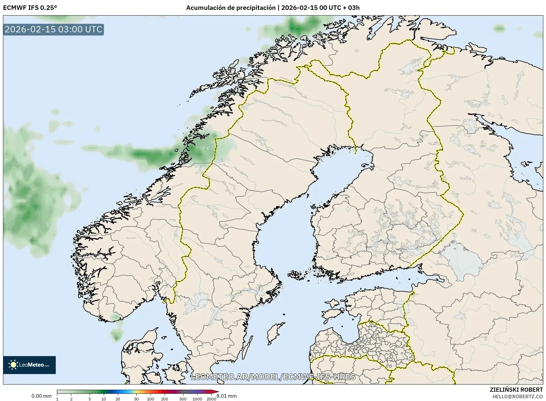ECMWF IFS 0.25° model - Escandinavia, Acumulación de precipitación