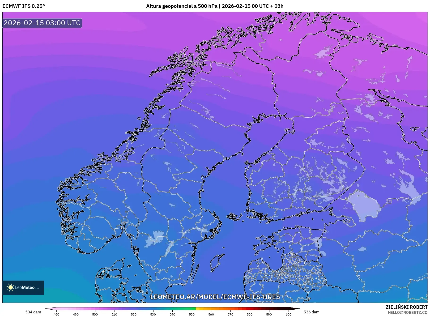 ECMWF IFS 0.25° model - Escandinavia, Altura geopotencial a 500 hPa