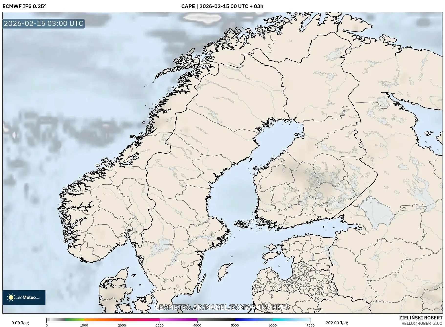ECMWF IFS 0.25° model - Escandinavia, CAPE