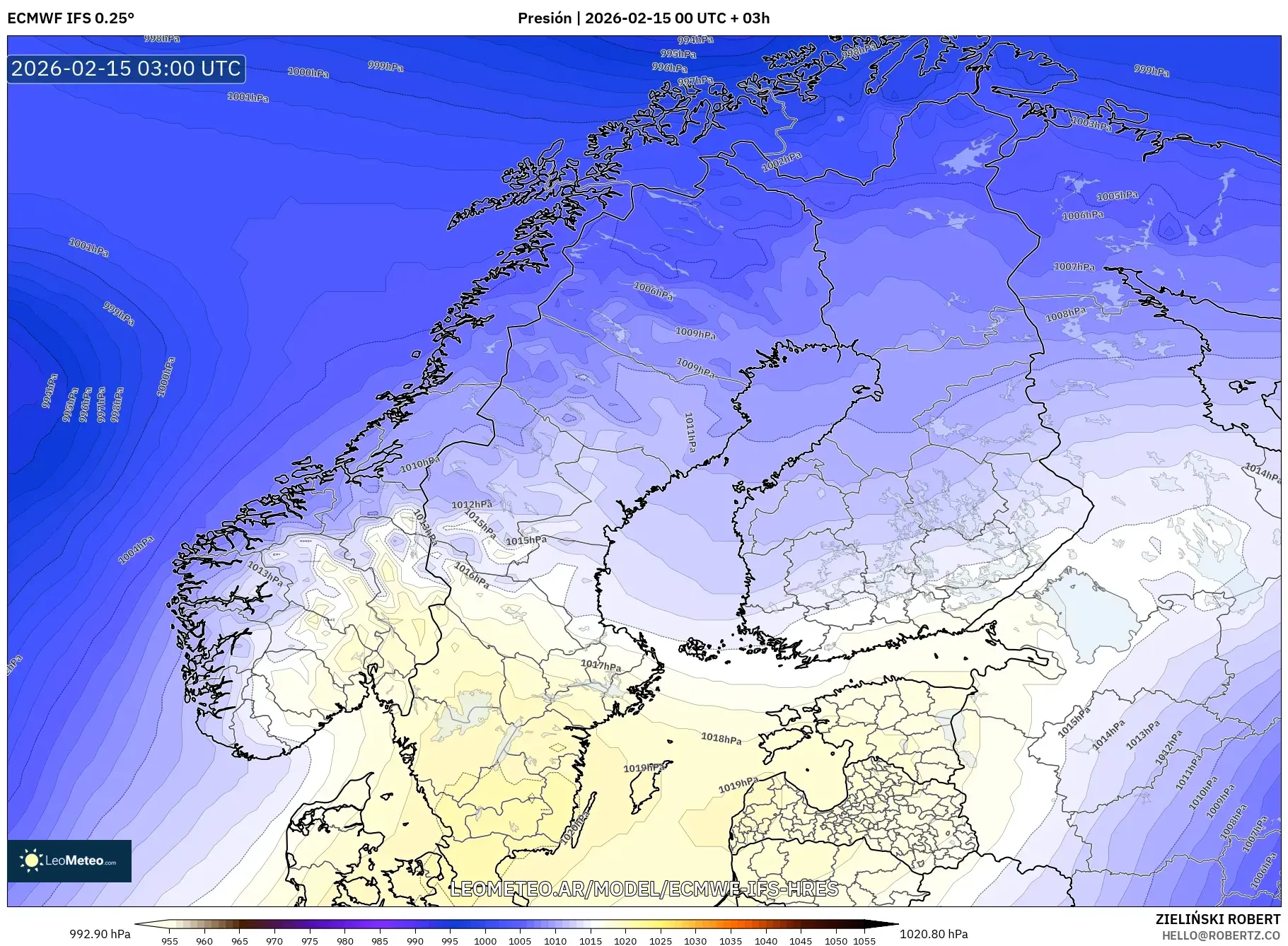 ECMWF IFS 0.25° model - Escandinavia, Presión