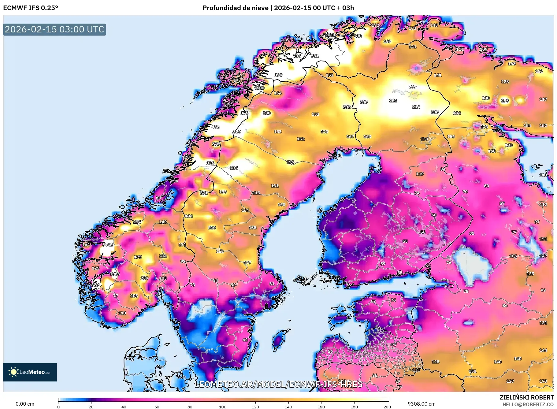 ECMWF IFS 0.25° model - Escandinavia, Profundidad de nieve