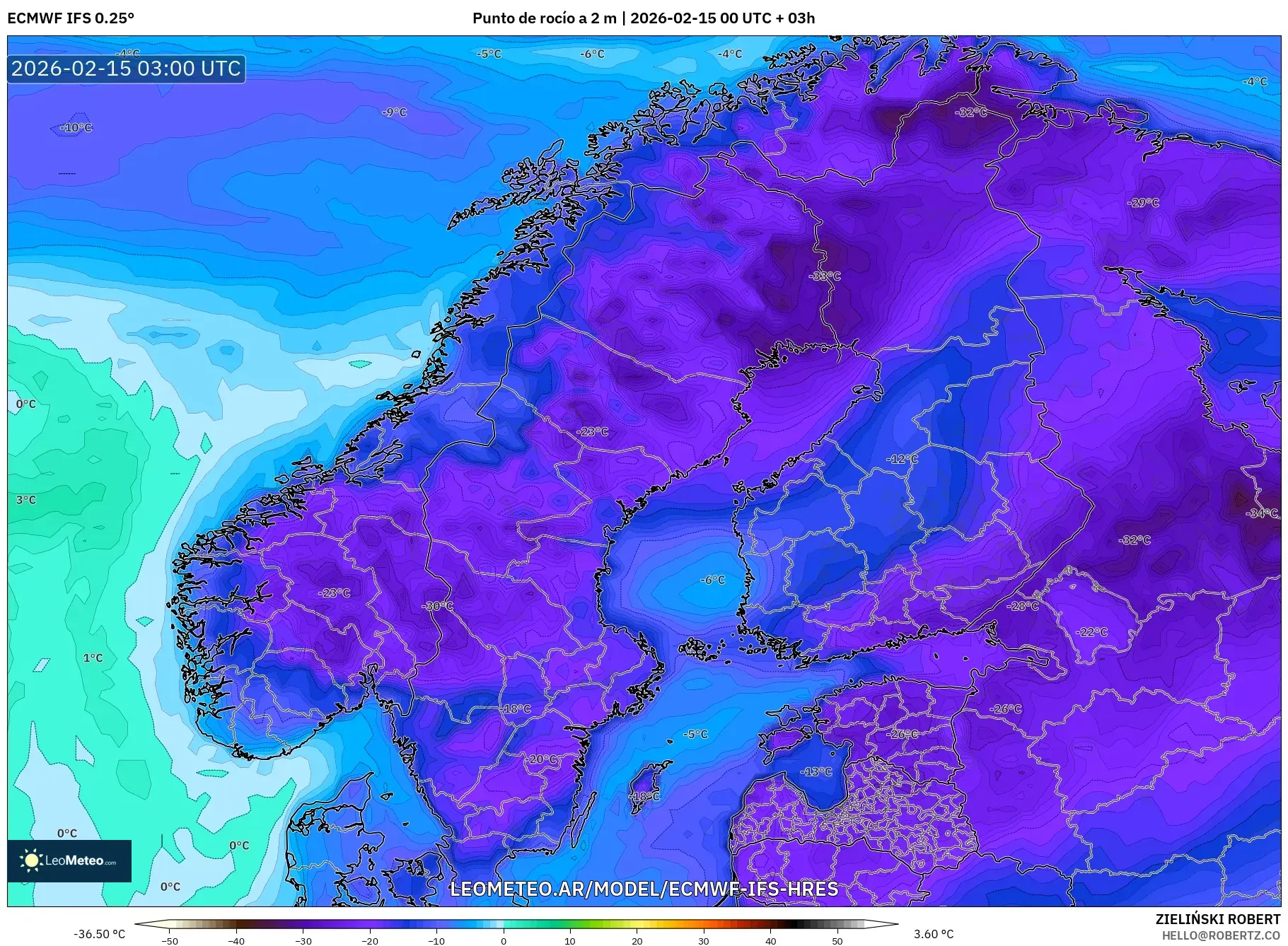 ECMWF IFS 0.25° model - Escandinavia, Punto de rocío a 2 m