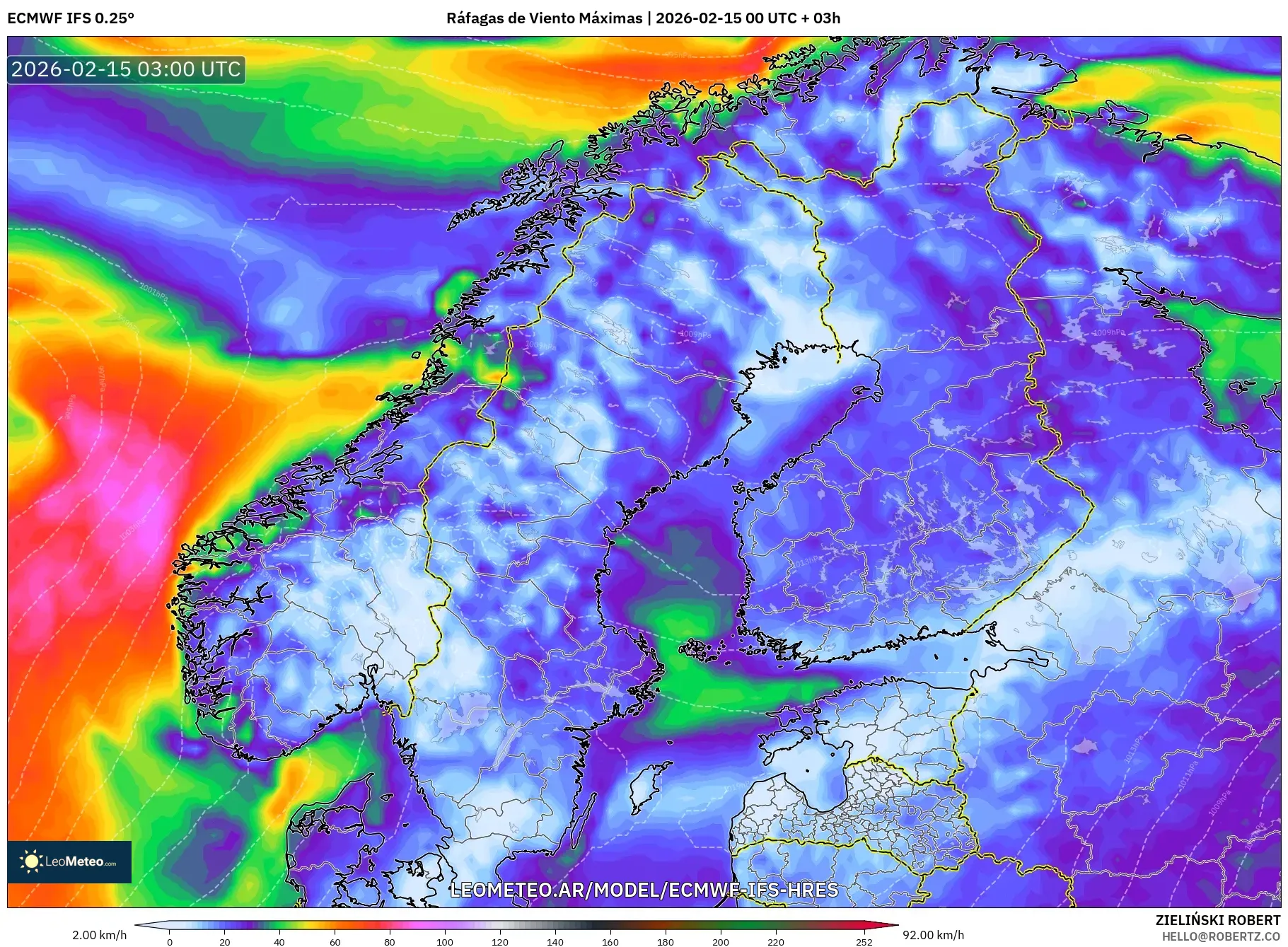 ECMWF IFS 0.25° model - Escandinavia, Ráfagas de Viento Máximas