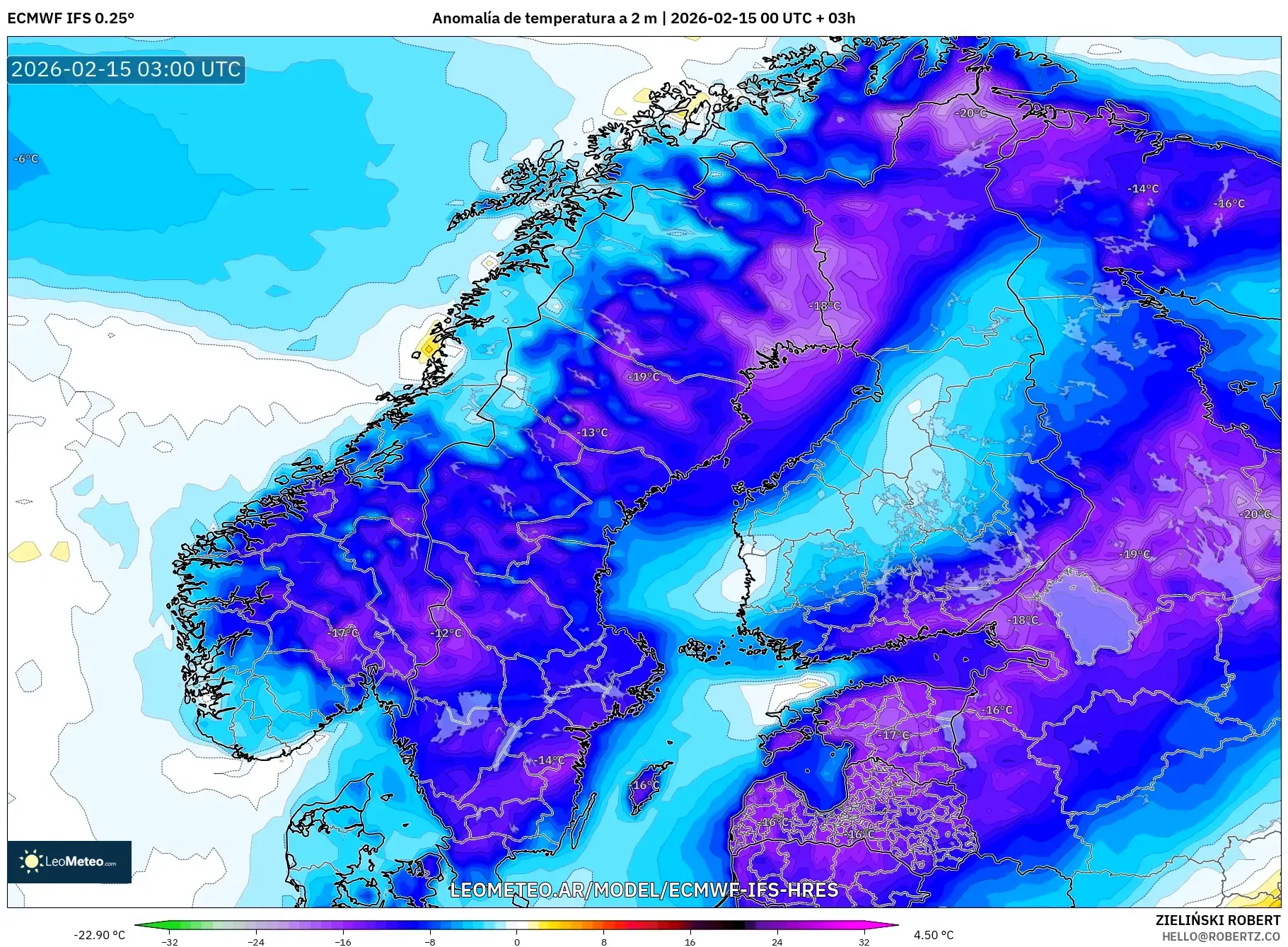 ECMWF IFS 0.25° model - Escandinavia, Anomalía de temperatura a 2 m