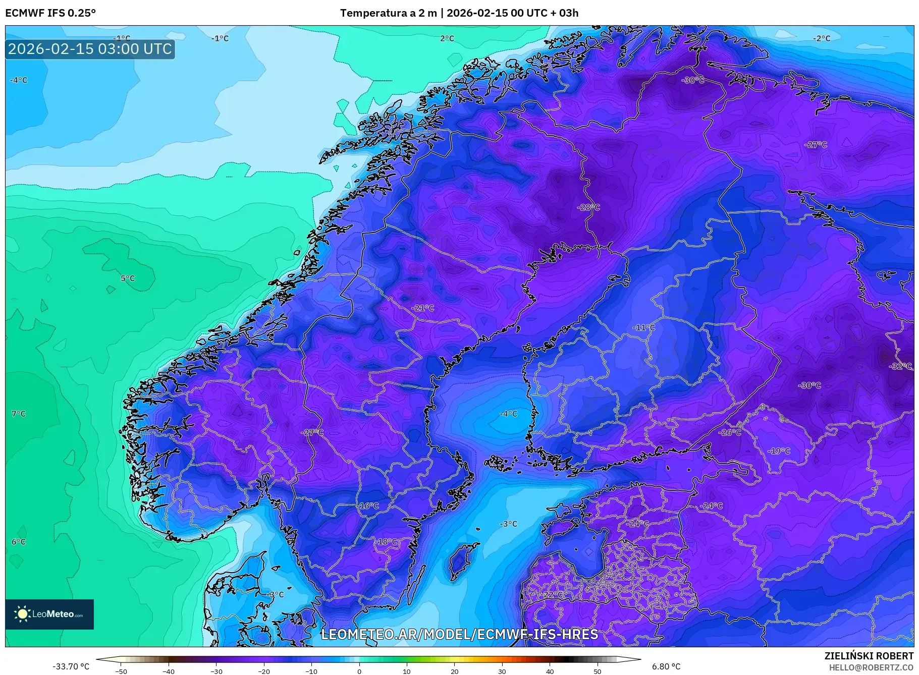 ECMWF IFS 0.25° model - Escandinavia, Temperatura a 2 m