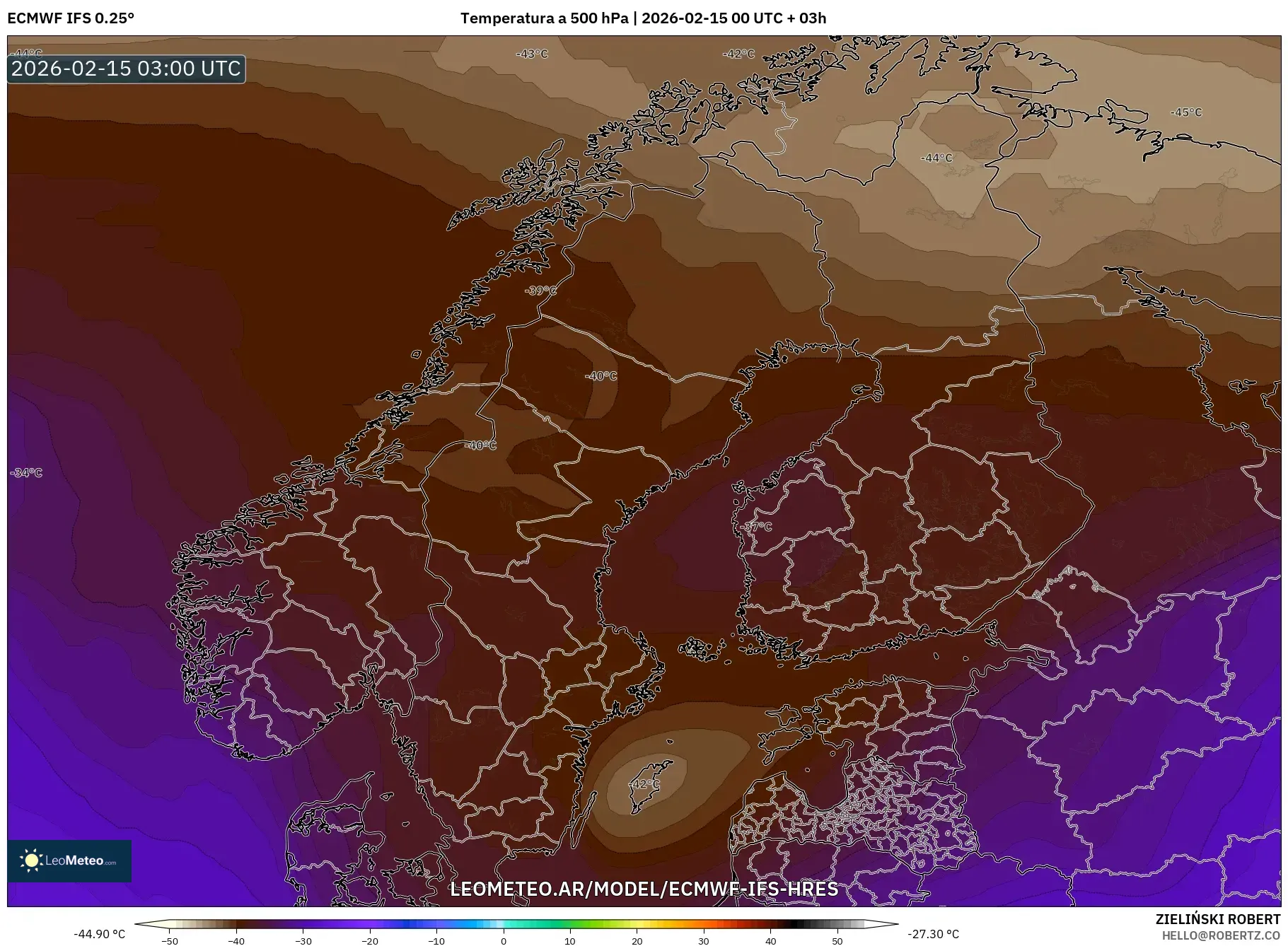 ECMWF IFS 0.25° model - Escandinavia, Temperatura a 500 hPa