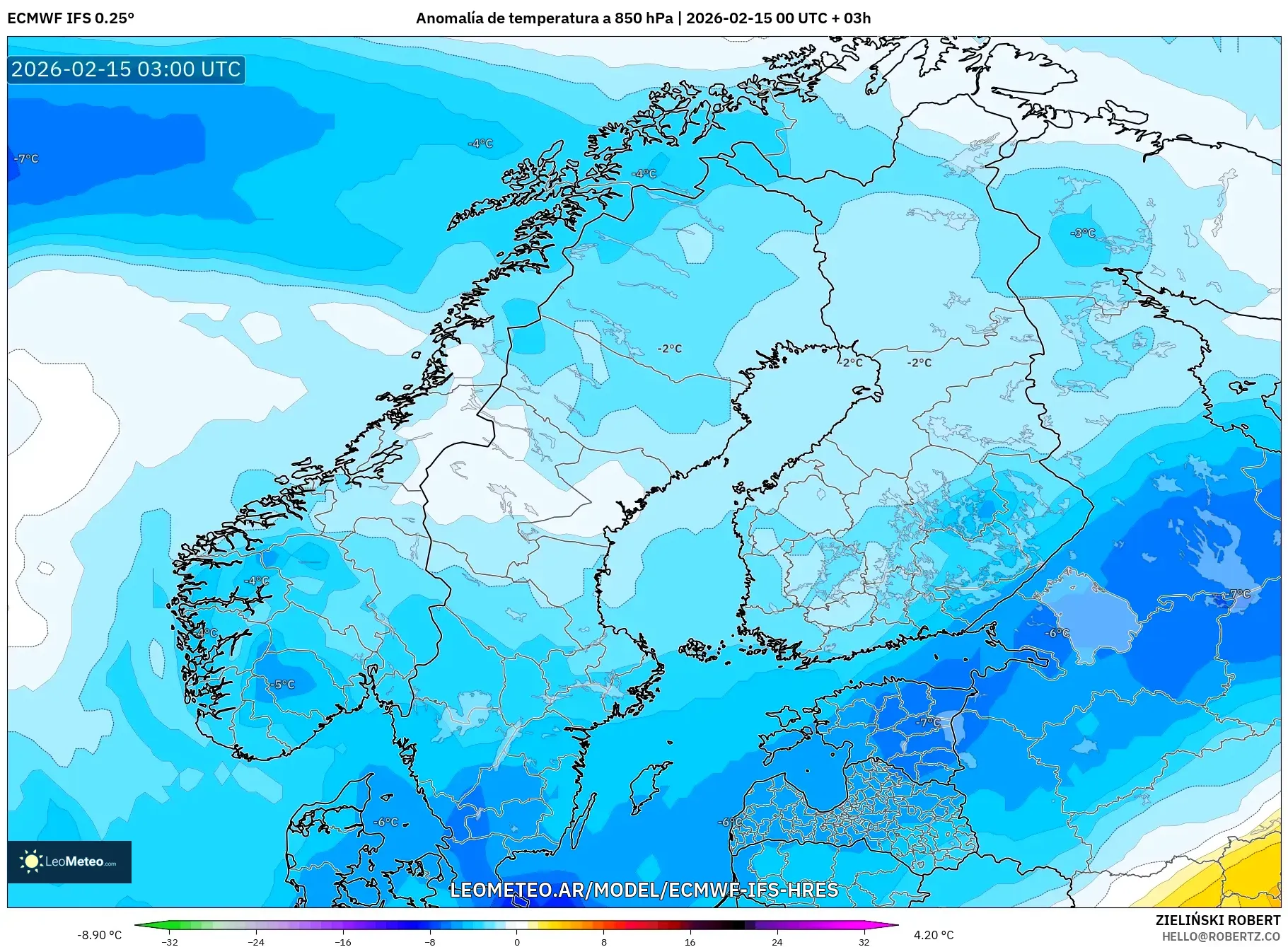 ECMWF IFS 0.25° model - Escandinavia, Anomalía de temperatura a 850 hPa