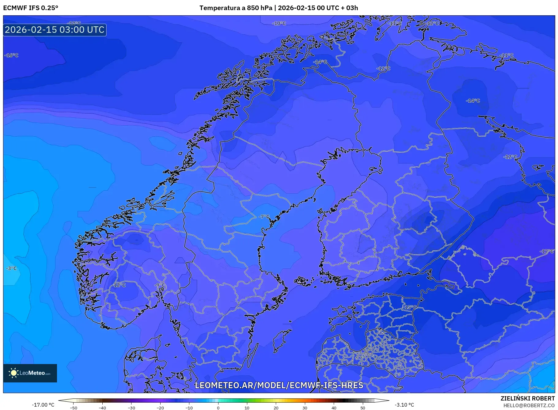 ECMWF IFS 0.25° model - Escandinavia, Temperatura a 850 hPa