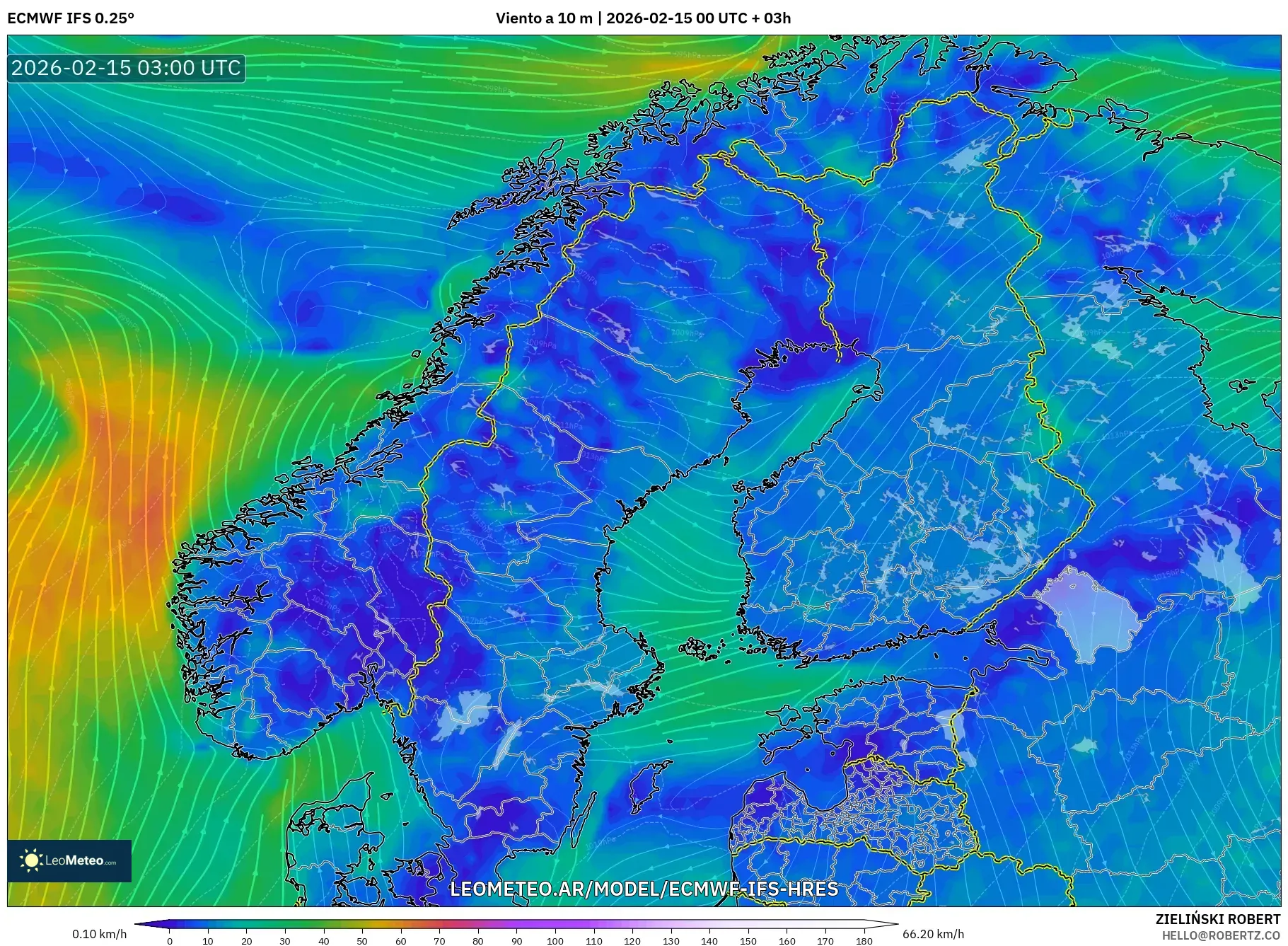 ECMWF IFS 0.25° model - Escandinavia, Viento a 10 m