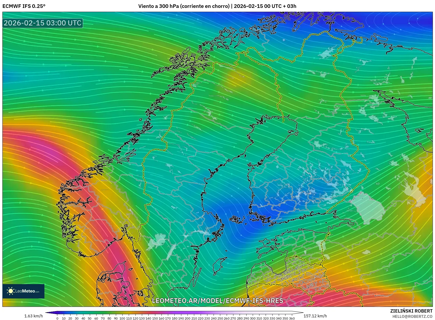 ECMWF IFS 0.25° model - Escandinavia, Viento a 300 hPa (corriente en chorro)
