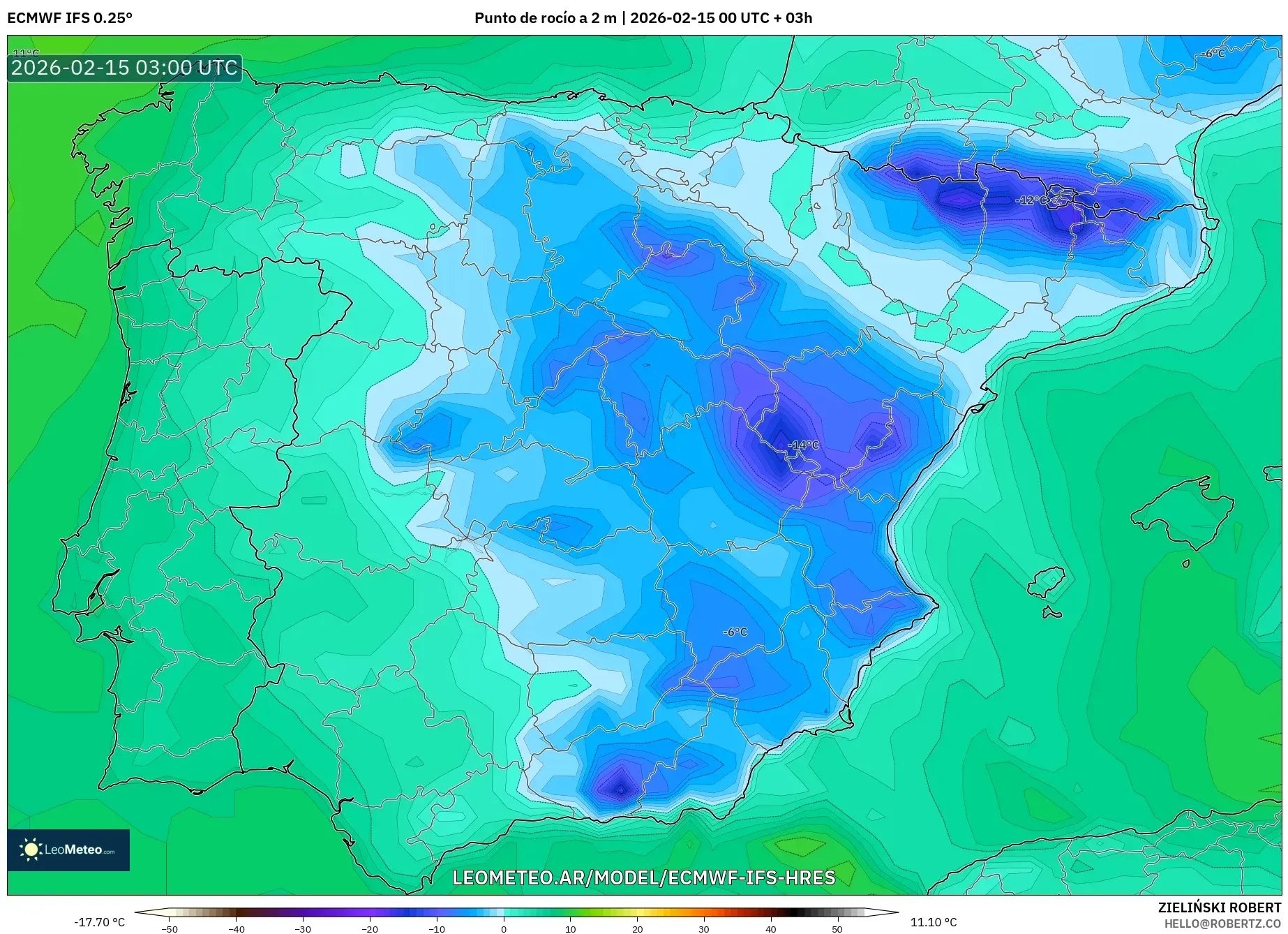 ECMWF IFS 0.25° model - España, Punto de rocío a 2 m