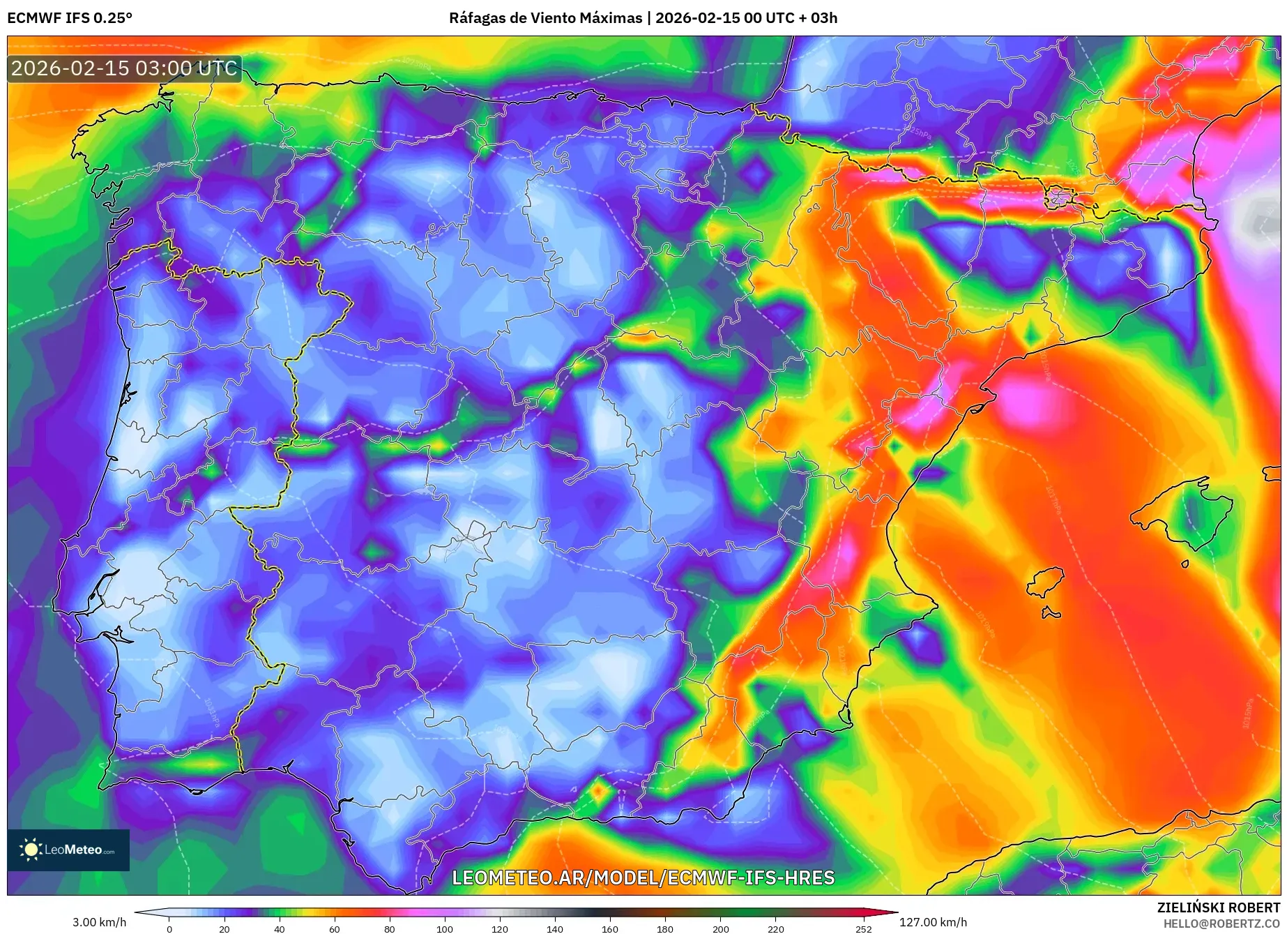 ECMWF IFS 0.25° model - España, Ráfagas de Viento Máximas