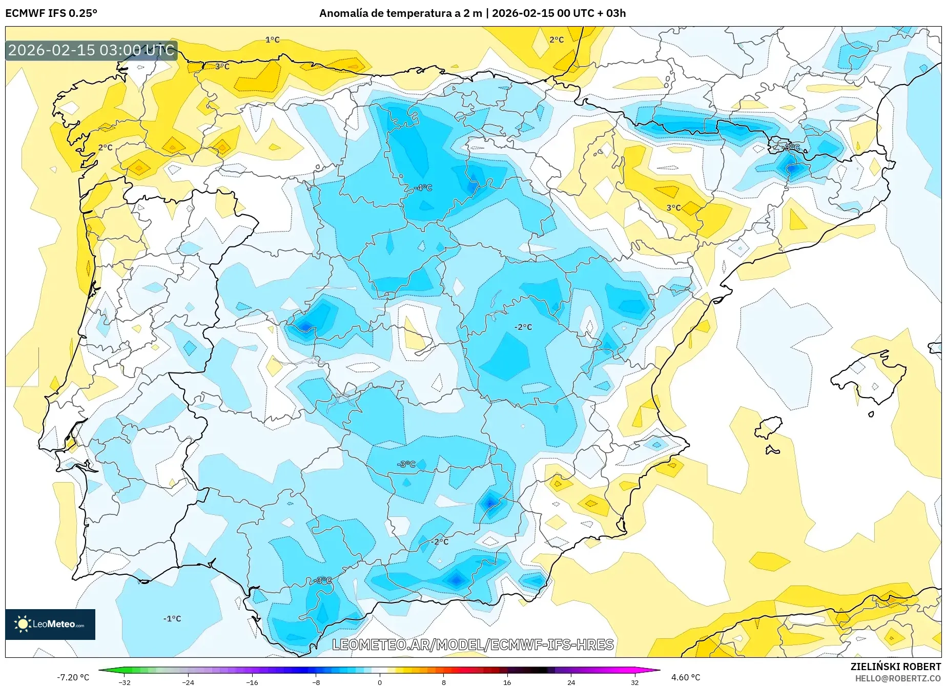 ECMWF IFS 0.25° model - España, Anomalía de temperatura a 2 m